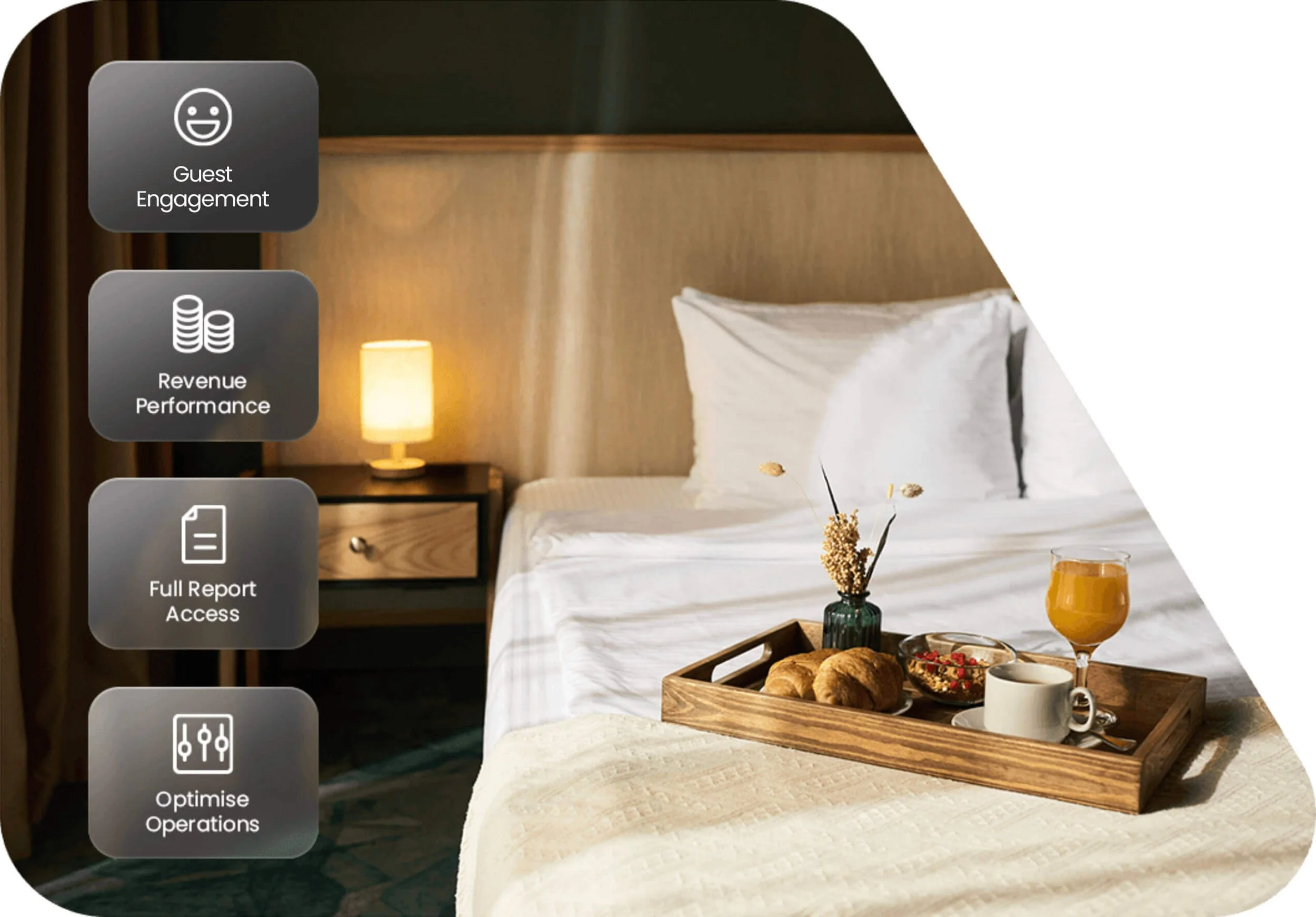 Hotel room with breakfast tray and icons for guest engagement, revenue performance, reporting and operational optimisation.