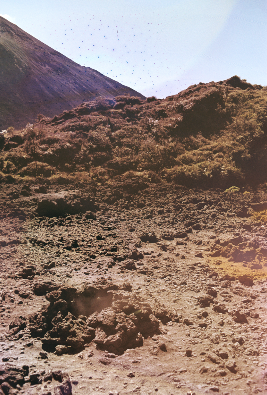 Volcanic landscape with rocky terrain, sparse vegetation, and a mountain in the background under a clear sky.
