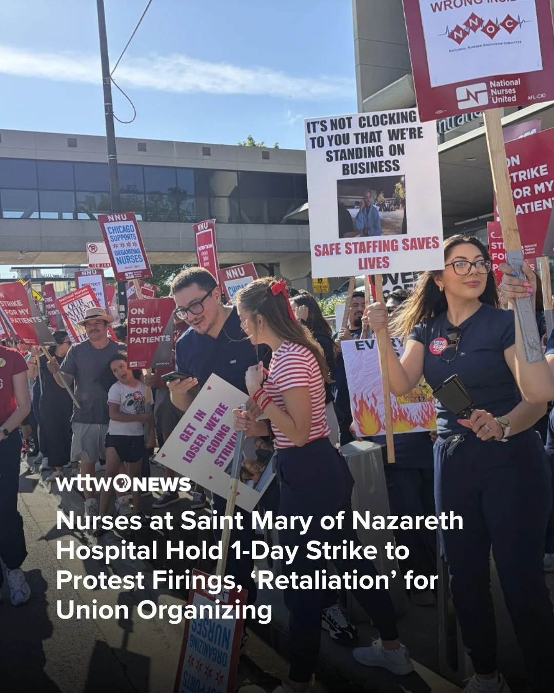 About 200 nurses and supporters gathered in front of Saint Mary of Nazareth Hospital at 2233 W. Division St. on Thursday with picket signs and demands that management reinstate six nurses who allege they were illegally fired last month amid union org