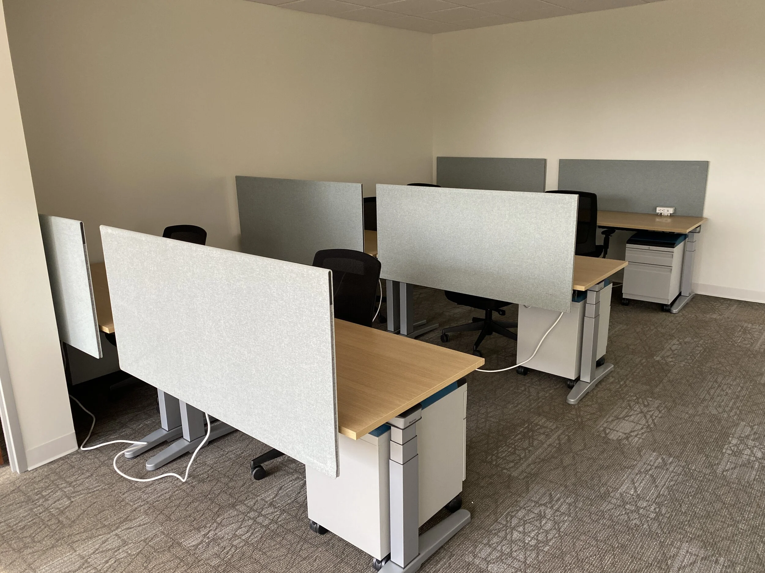 Five office desks with black chairs and light-colored dividers, arranged in rows in an empty office space with beige walls and carpeted floor.