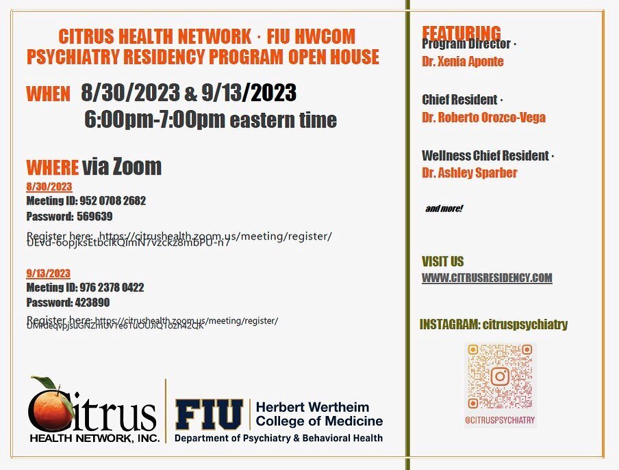 🗣️ Virtual Open House 🗣️

Please join us at one of our informational open houses, where we will be discussing the specifics about our program and open up the floor for any questions to our potential incoming psychiatry resident applicants 🍊 

Wedn