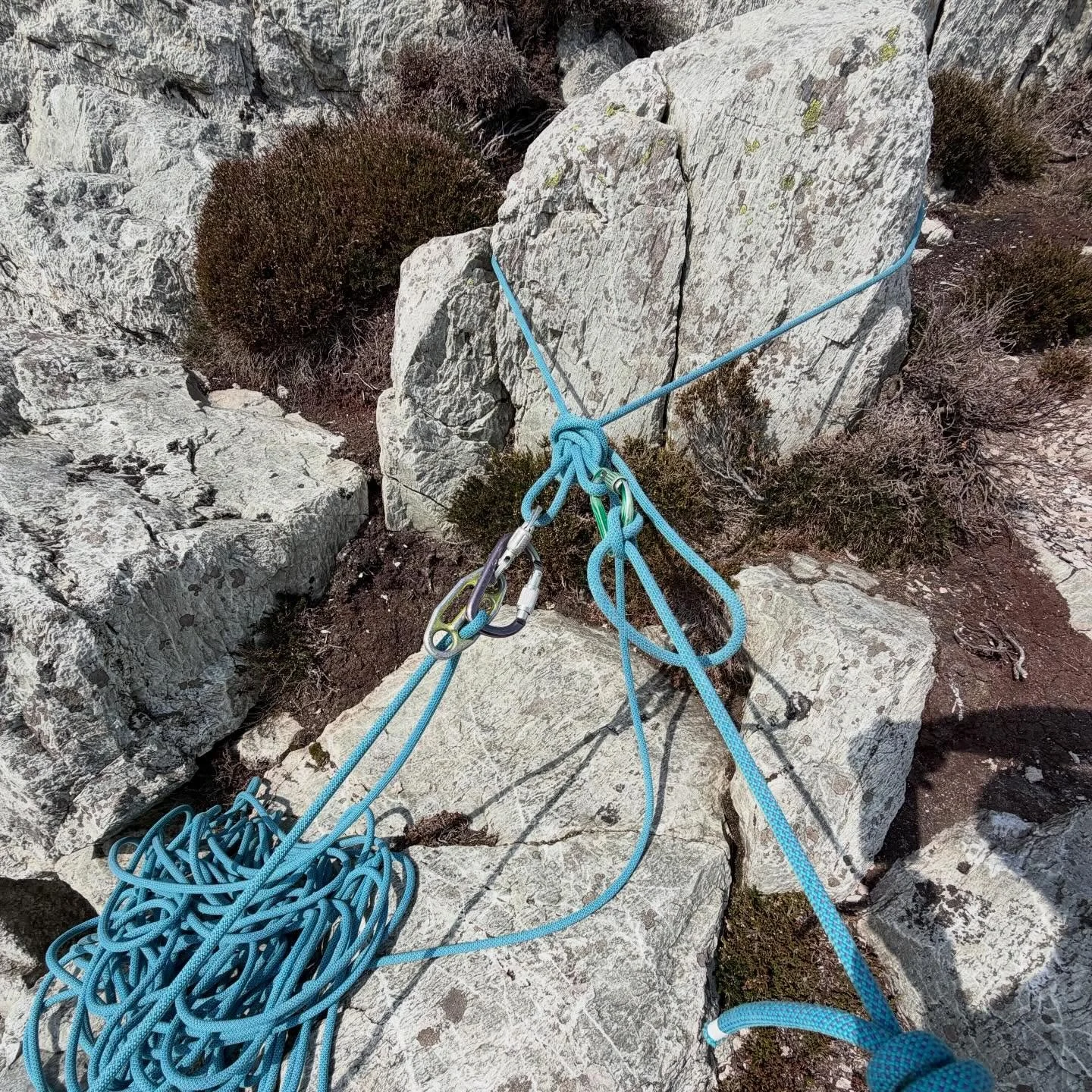 My go-to rig for a single point anchor on a monolithic block, using only the rope to give a master point for guide mode belaying. Simple and quick. 

I like to clove hitch back in to one of the loops to position  myself wherever is sensible. 

Any do