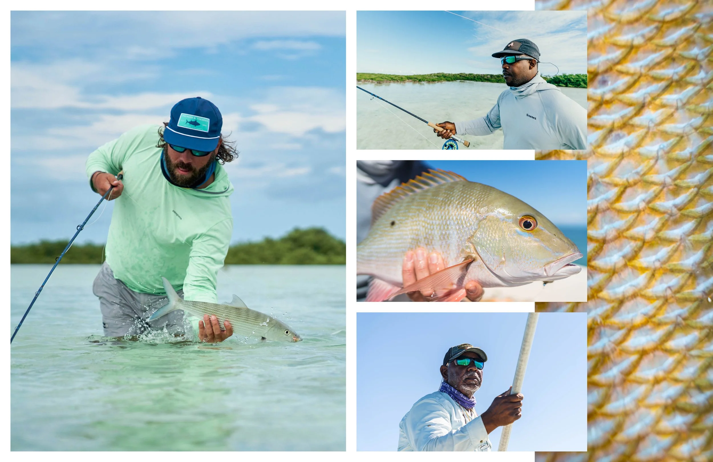  A few of the faces you’re likely to find while at Soul Fly Lodge: legendary Bahamas guides Percy Darville and Travis Sands; lodge partner Griz; and maybe even the mighty mutton snapper! 