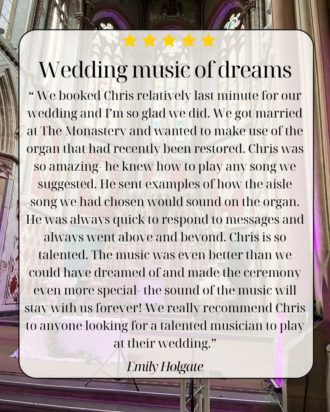 Thank you to Emily for the lovely review! It&rsquo;s a privilege to be a part of people&rsquo;s special days, and I never take it for granted 😊 Playing the beautiful organ at @themonasterymcr made a great change too.

Most couples have never booked 