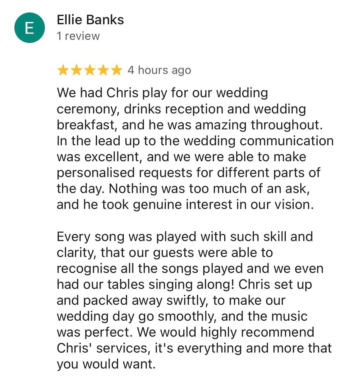 Kind words like this mean the world 🥰

It was such a privilege to play throughout the whole wedding day and help bring their vision to life - from ceremony to celebration.

Thank you so much for trusting me to be part of such a special day 😊

#Ches