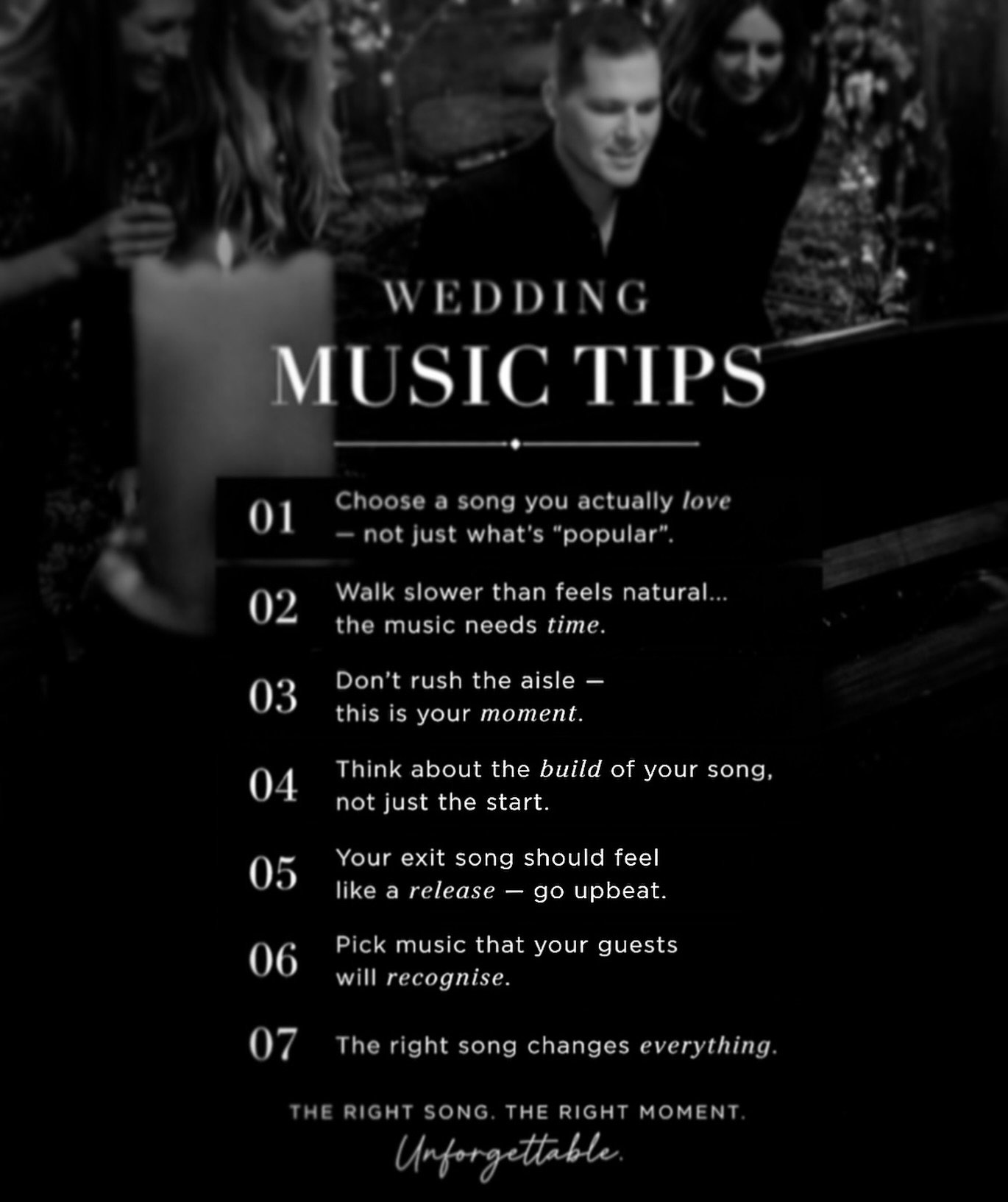 Music gets overlooked when people plan a wedding, but it can literally transform your day into one that is still spoken about years later. 

The right song:

- sets the pace
- shapes the atmosphere
- turns a moment into something people actually reme
