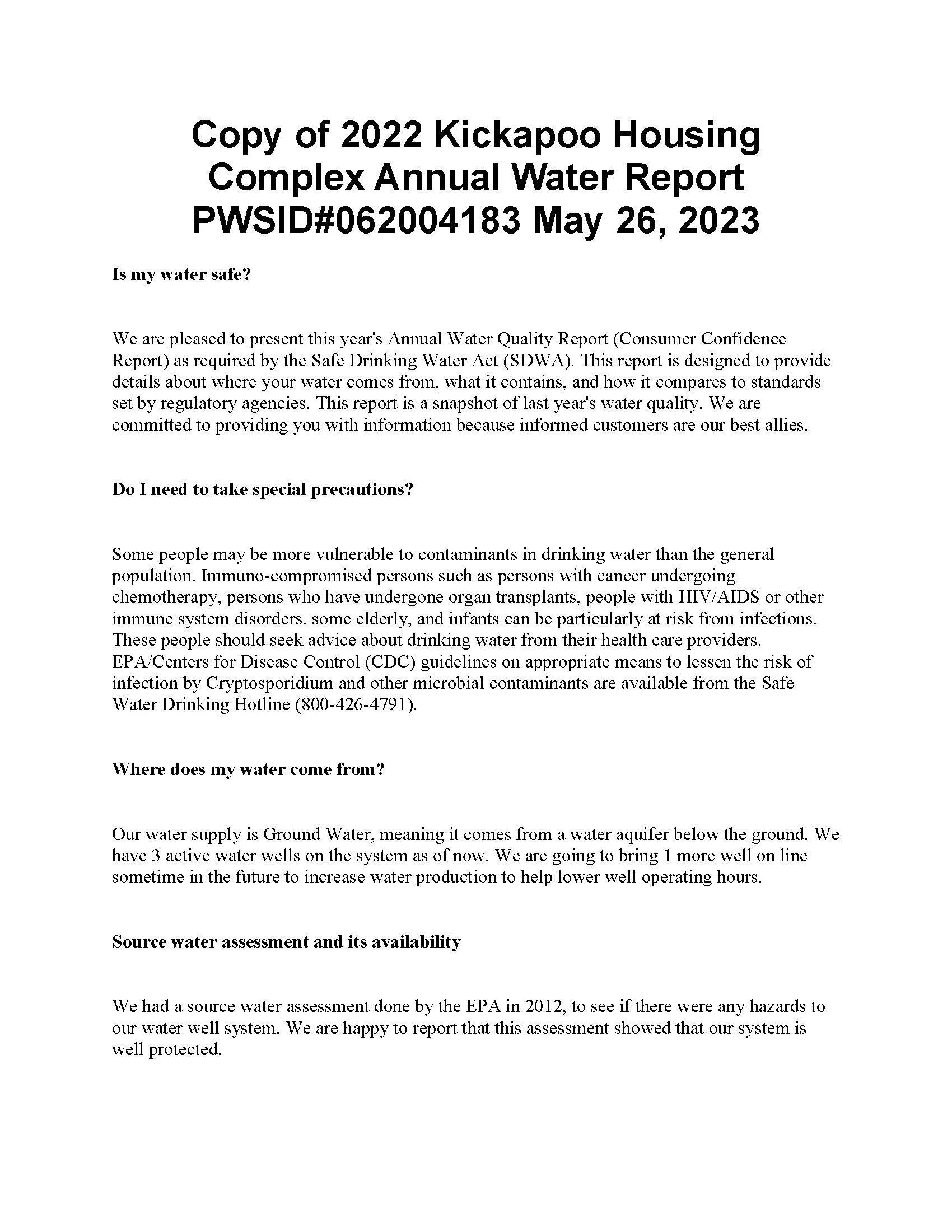 Kickapoo Housing Complex Annual Water Quality Report 2023