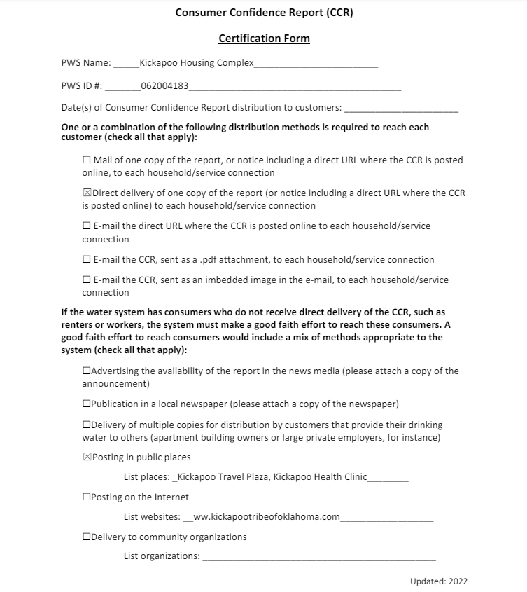 Consumer Confidence Report Certification Form