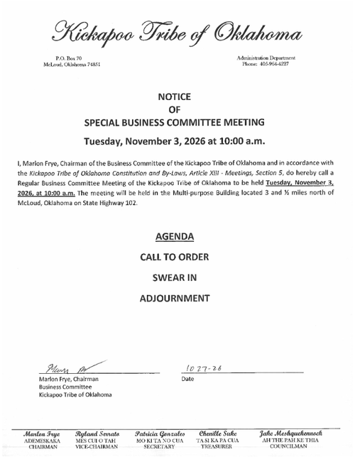 Notice of Special Business Committee Meeting (Nov. 3) — Kickapoo Tribe ...