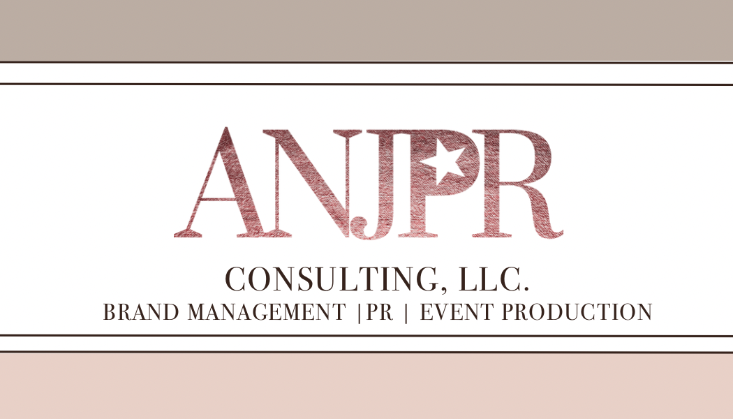 Business card for ANJPR Consulting, LLC, offering brand management, PR, and event production services.