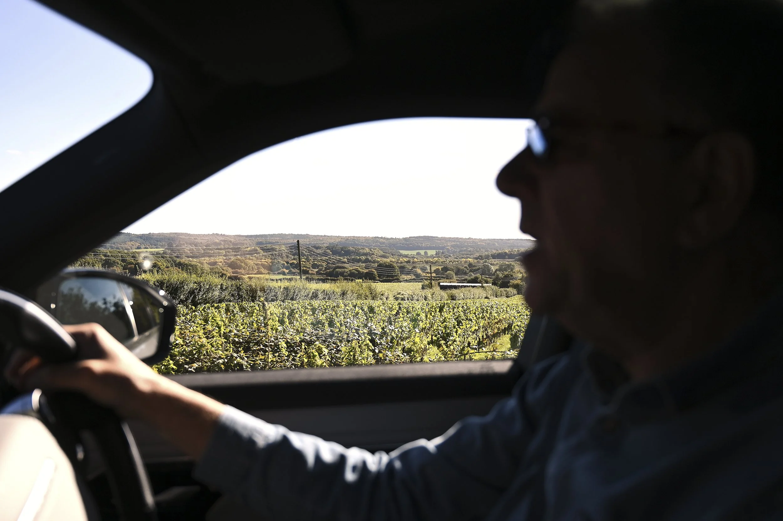 Silhouette of a man driving a car through a rural landscape with green fields and rolling hills in the distance under a clear sky.