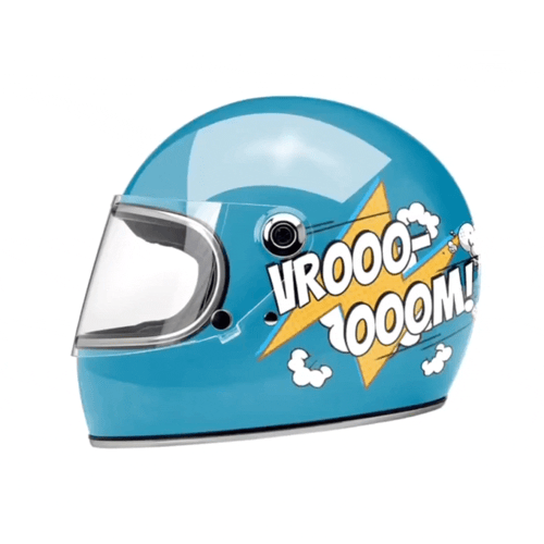 Blue motorcycle helmet with comic-style sound effects, 'VROOOOM! BOOM!', and lightning bolt graphic.