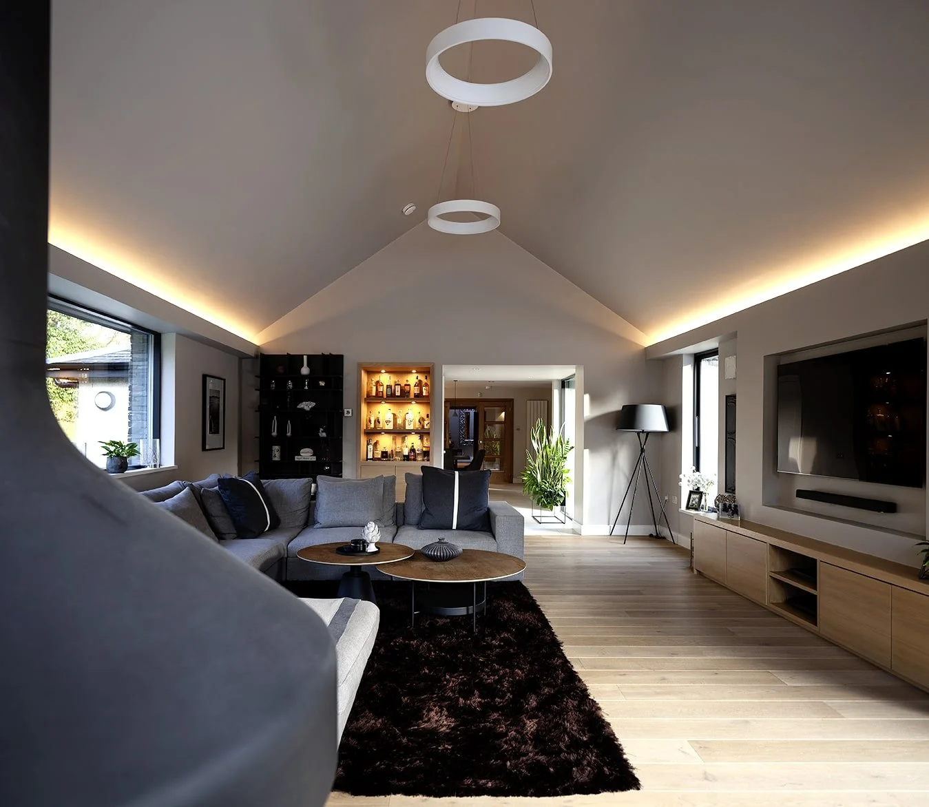 Interior view of a contemporary bungalow extension  looking towards the connector between the old and the new buildings.