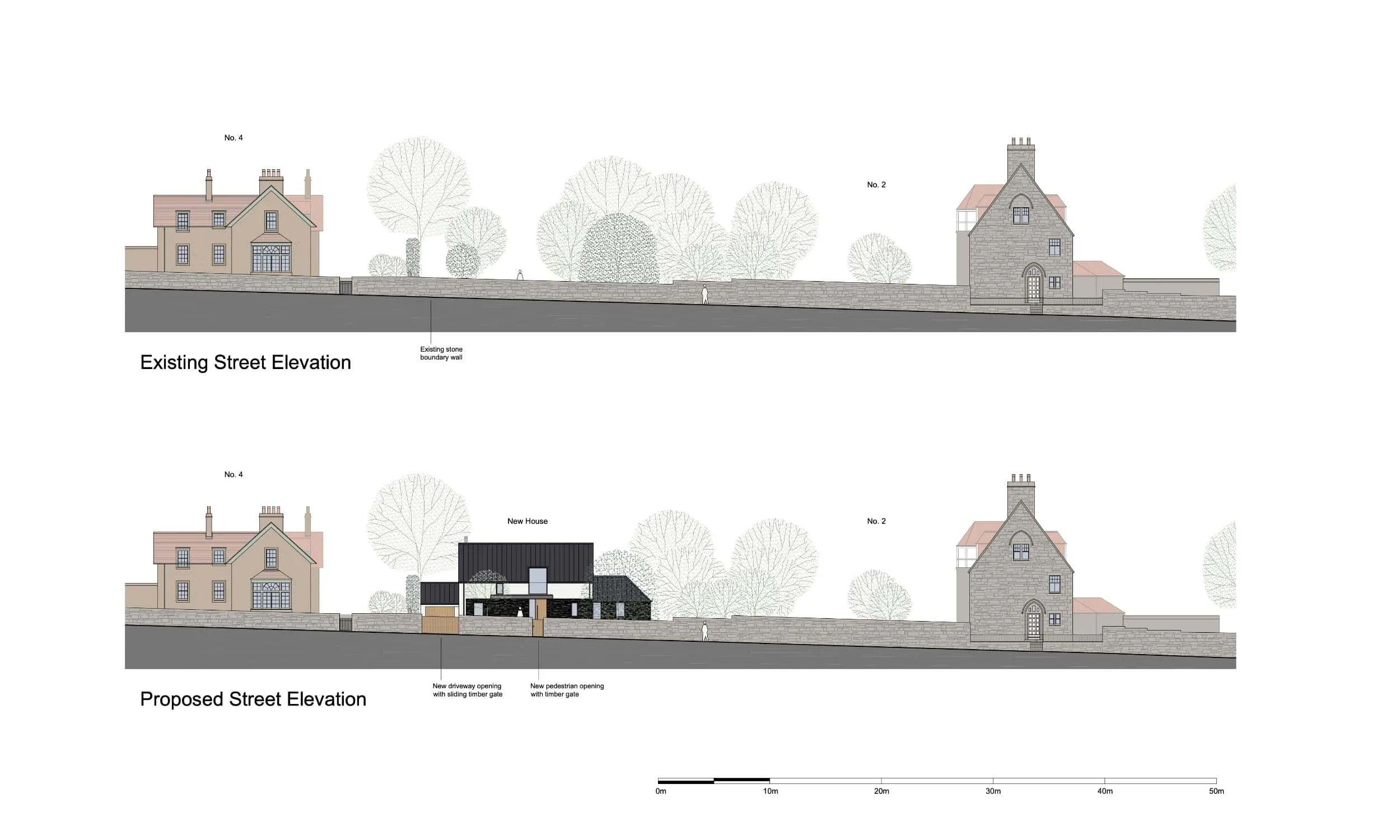 Existing street elevation v proposed street elevation from new house plans.