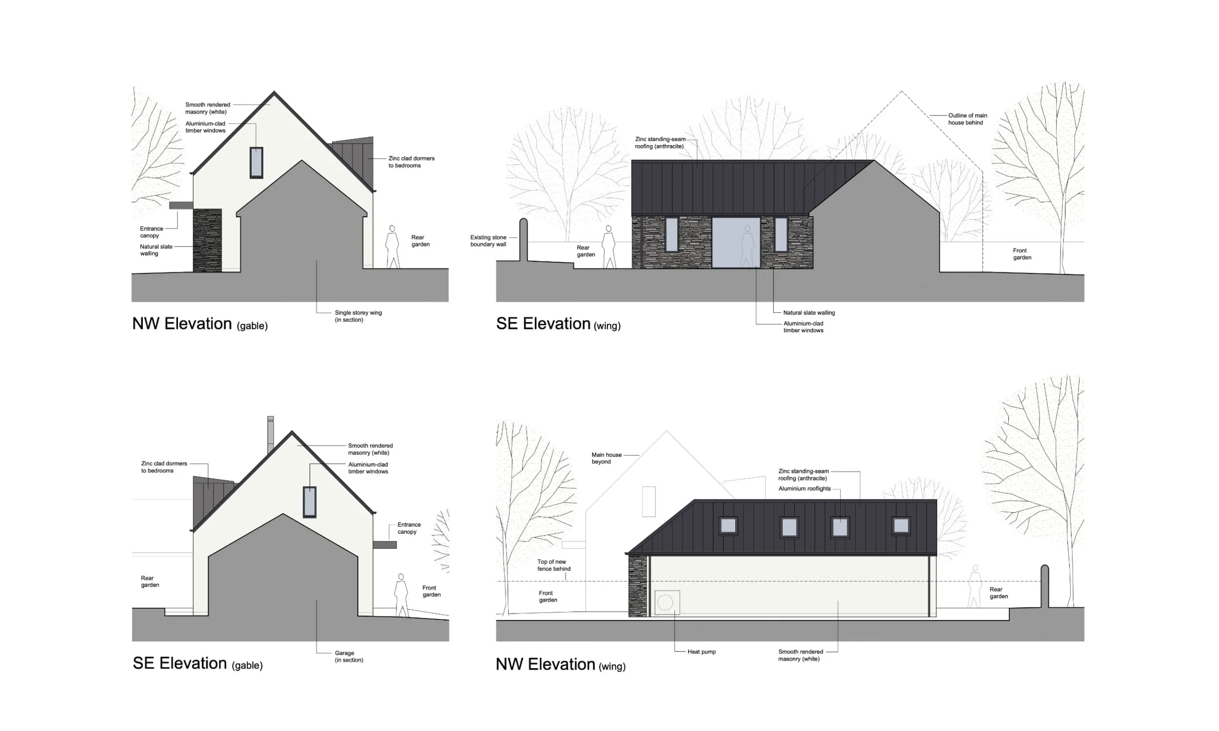 Detailed elevation drawings from new build plans by Alexander Philip architect.