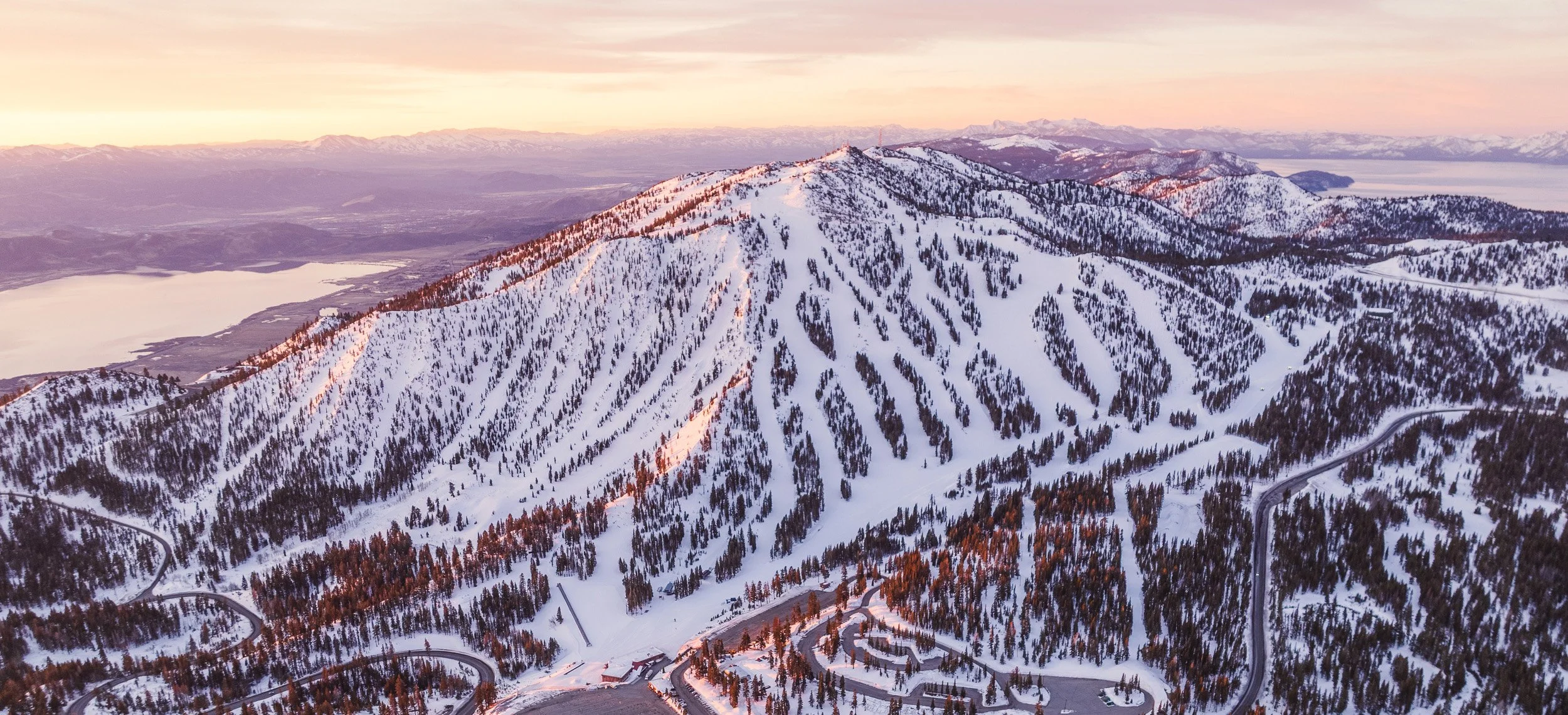 Mt Rose ski Lake Tahoe, showing the ski area and parking lot