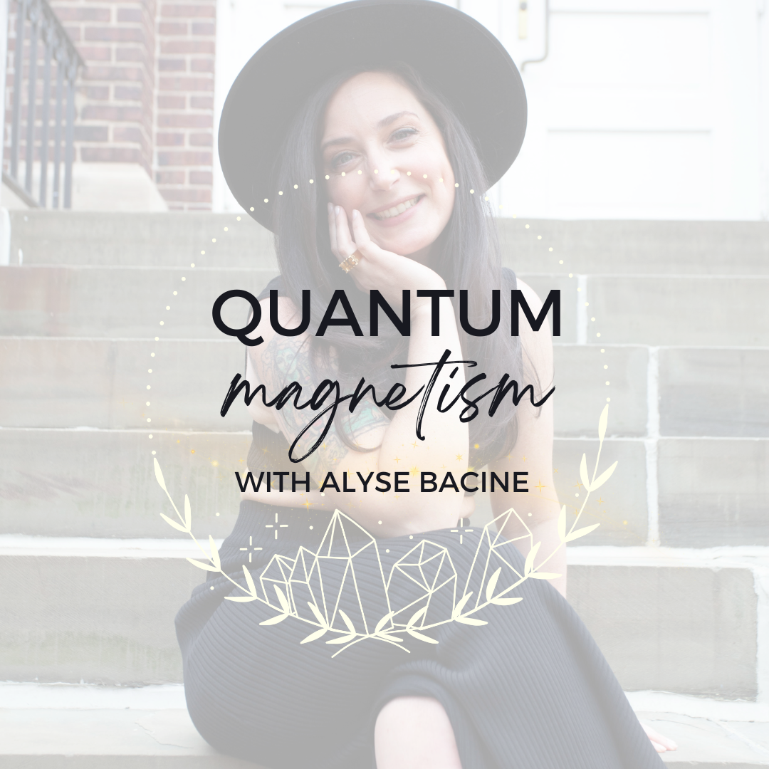 Woman on steps wearing a black hat, text overlay "Quantum Magnetism with Alyse Bacine."