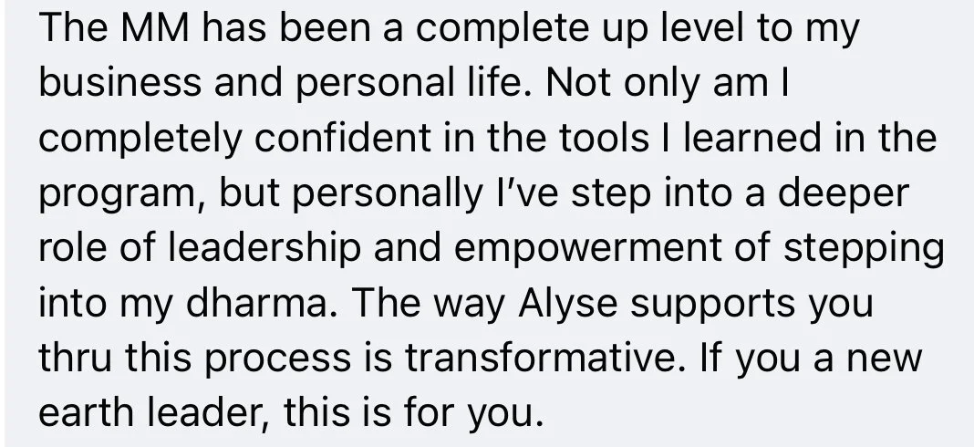 Testimonial about personal and business growth through a program, mentioning positive leadership and empowerment changes, supported by someone named Alyse.