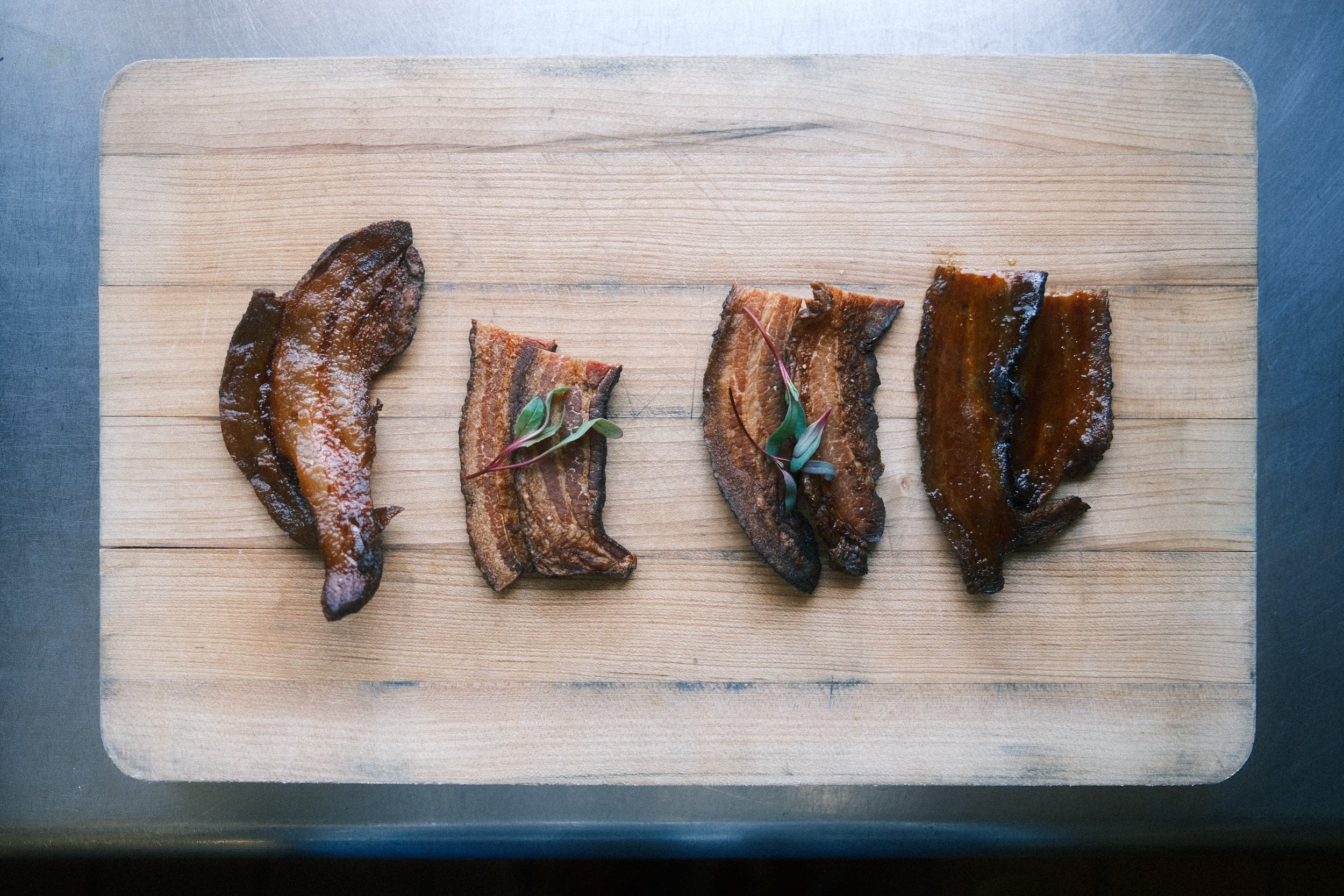 As some of you know, we are now doing appetizers for brunch. Here is our Bacon Sampler: 

Fra Mani Guanciale:&nbsp; The only bacon on our list that is unsmoked.&nbsp; This is cured with pepper and other spices, then dry aged.&nbsp; Fra Mani uses only