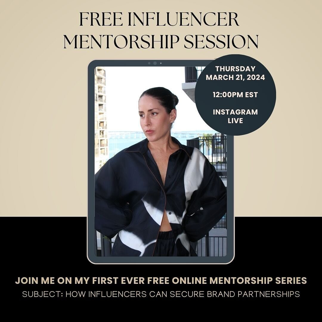 ⚡️FREE MENTORSHIP CLASS!⚡️

Join me this Thursday at 12pm EST on IG LIVE as I host my first free class of my new MENTORSHIP SERIES.💫

Starting off strong with a class solely dedicated to how influencers can land brand partnerships. We&rsquo;ll be ta