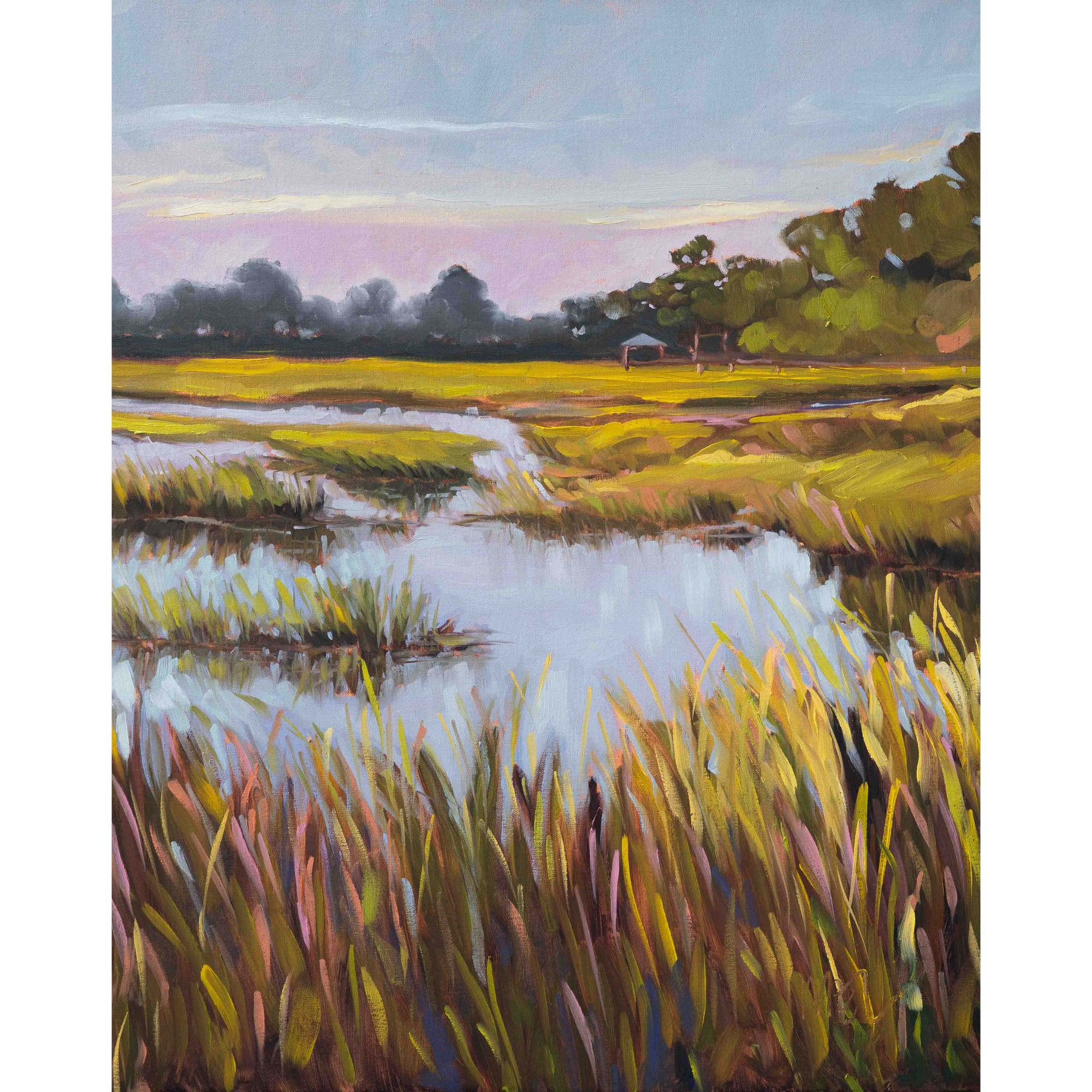 Coastal landscape by Mel Middleton titled Lobeco Marsh View, reflecting Beaufort’s evening light and tranquil beauty.