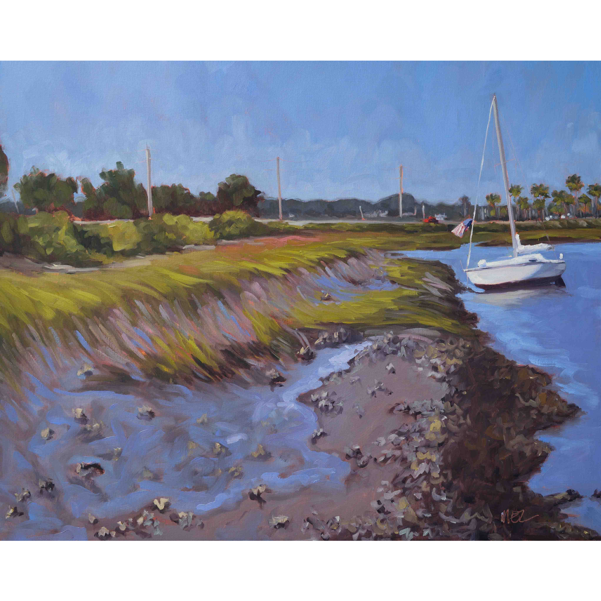 Oil on linen coastal landscape painting by Mel Middleton titled 'Waiting on the Tide' (24x30x1.5), part of the Coastal Landscapes collection inspired by Beaufort’s marshes