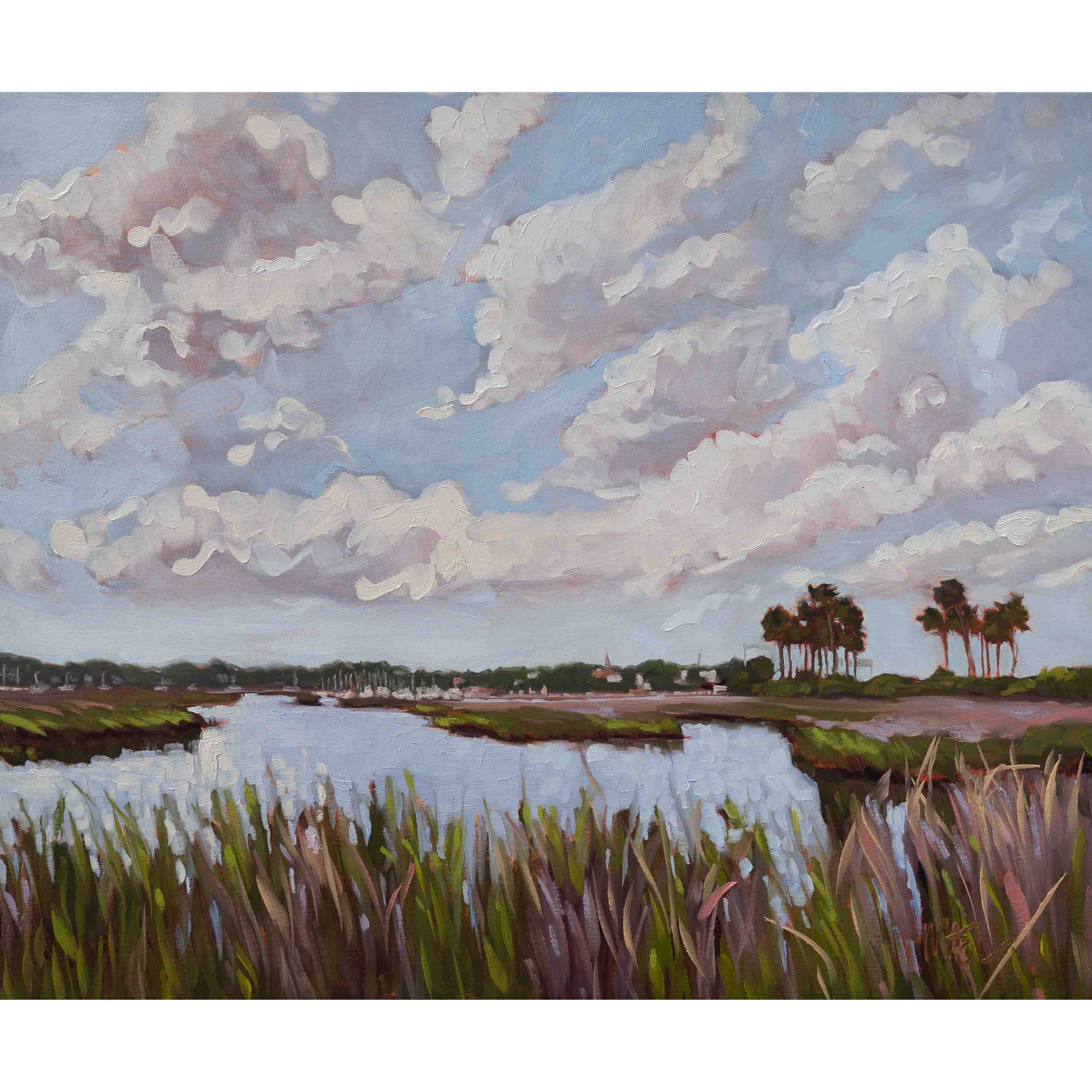 Original painting by Mel Middleton titled Monday Reflections, inspired by tranquil Beaufort waterways and morning light.