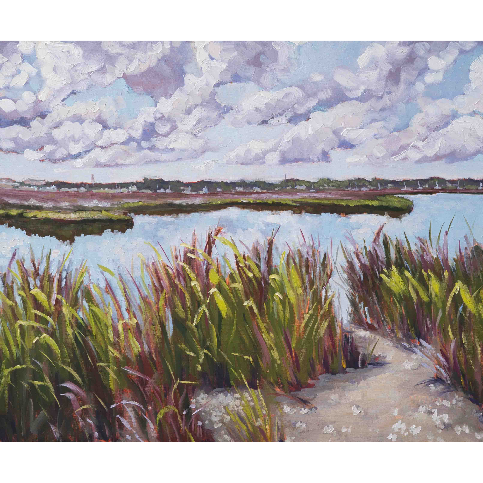 Coastal landscape painting by Mel Middleton titled The Trinity, inspired by the balance of light, water, and marsh in Beaufort, SC.