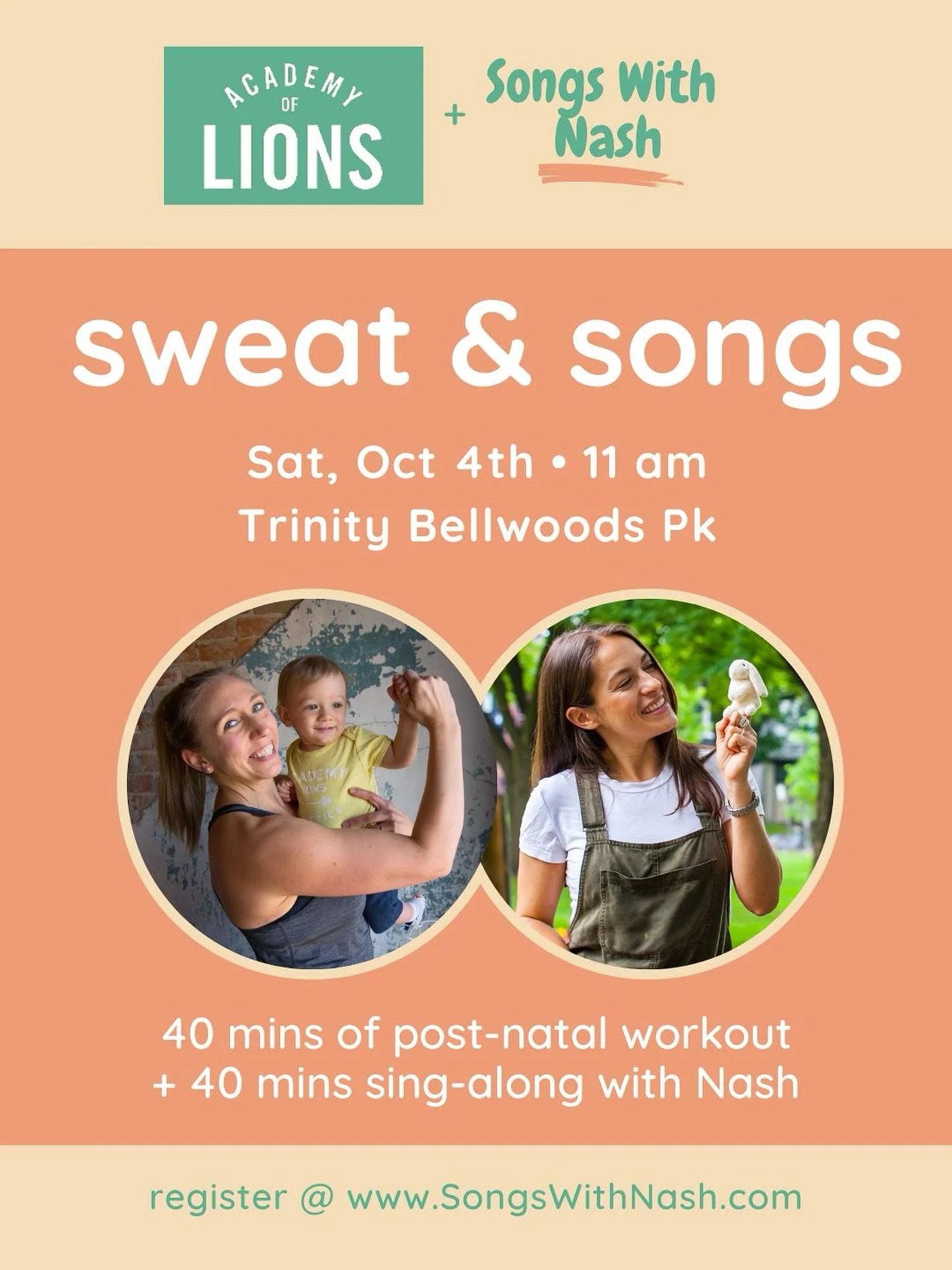 Sweat &amp; Songs: Brought to you by @academyoflions and @songswithnash 🤝

This outdoor collab class includes a 40 min baby &amp; me workout, led by @coach_freya and a 40 min sing-along, led by Nash. 

- When: Saturday, October 4th @ 11 am
- Where: 