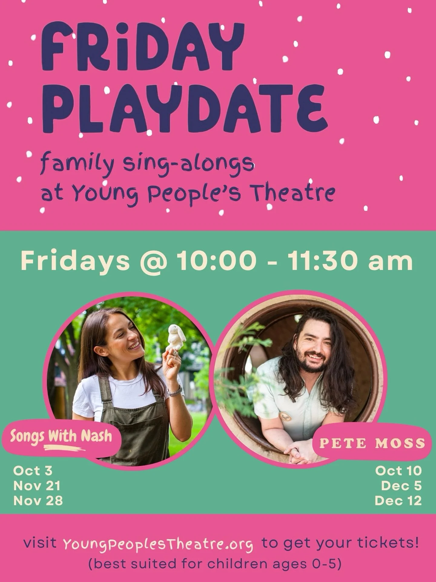 Hey friends! Join us on select upcoming Fridays @ypttoronto (Young People&rsquo;s Theatre, 165 Front St E)

Play, explore, and experience a joyful song circle led by guest artist-educators @pete.moss.music and @songswithnash.

Visit YoungPeoplesTheat
