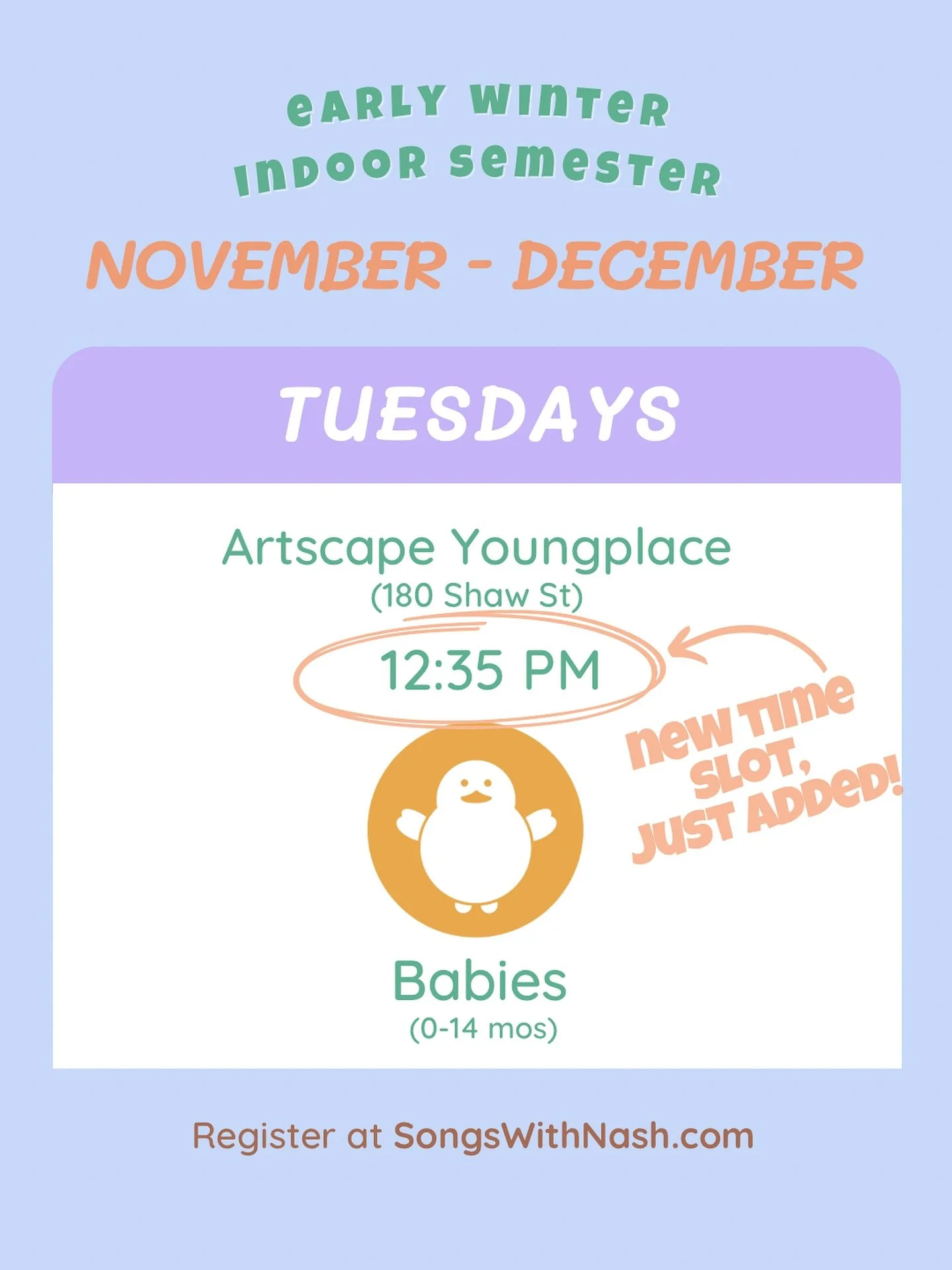 New class time just added! 
When; Tuesdays @ 12:35 pm
Ages: Babies (0-14 months)
Location: 180 Shaw St in the Youngplace Building near Queen St
Dates: Nov 11 - Dec 9 (5 weeks total)
Cost: $130

Register at www.SongsWithNash.com or by clicking the lin