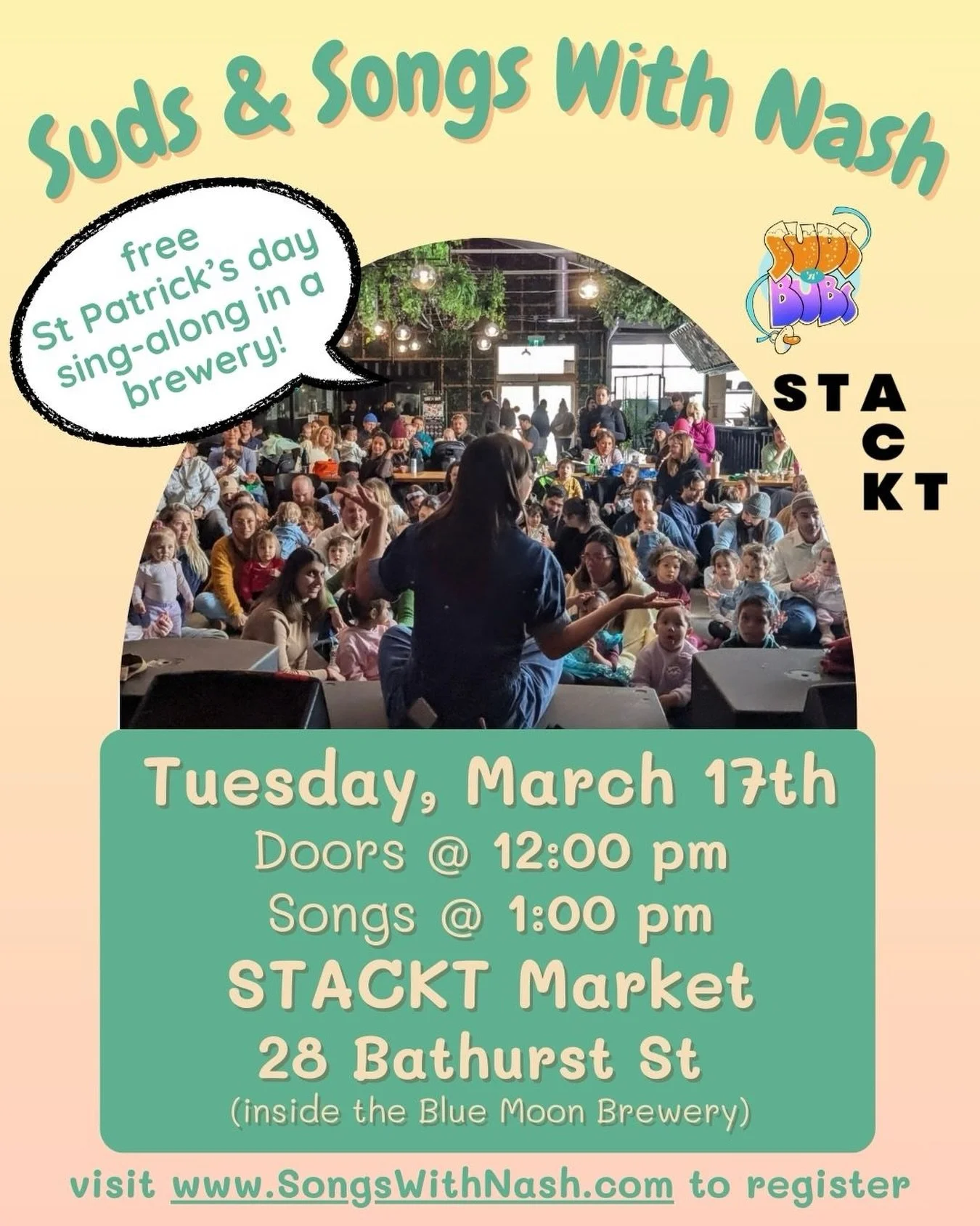 Hang with us for songs &amp; brews on St Patrick&rsquo;s Day! 🍀 🍻 
Join @songswithnash for a free sing-along hosted by @sudsanbubs &amp; @stacktmarket inside the Blue Moon Brewery:
🍀 Tuesday, March 17th
🍀 doors at 12 pm, songs at 1 pm
🍀 28 Bathu