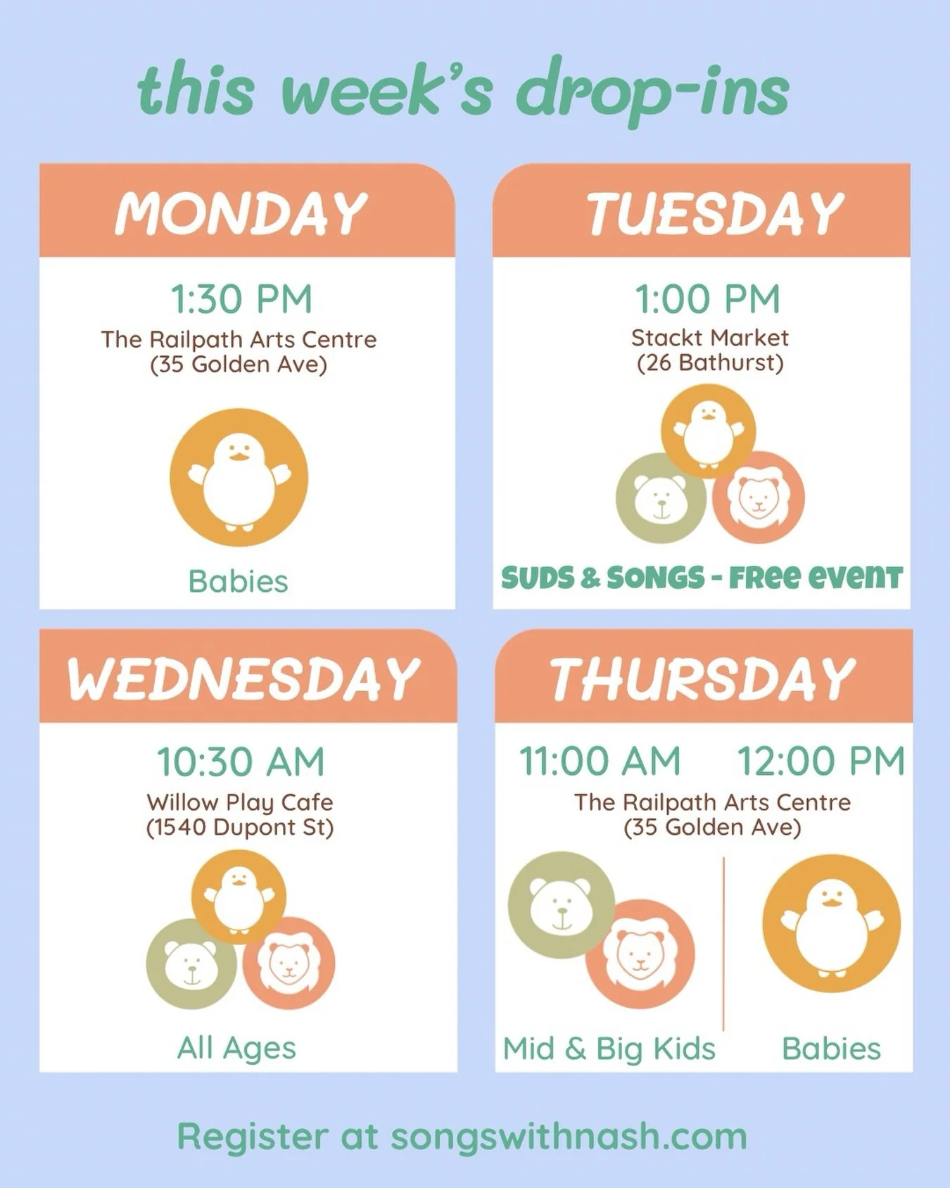 Join me for a drop-in this week!
&bull; Monday @ 1:30 pm - babies (0-14 months), 35 Golden Ave @therailpathartscentre 
&bull; Tuesday @ 1 pm/ doors at 12- all ages (0-5 yrs), 26 Bathurst St @stacktmarket 
&bull; Wednesday @ 10:30 am - all ages (0-5 y