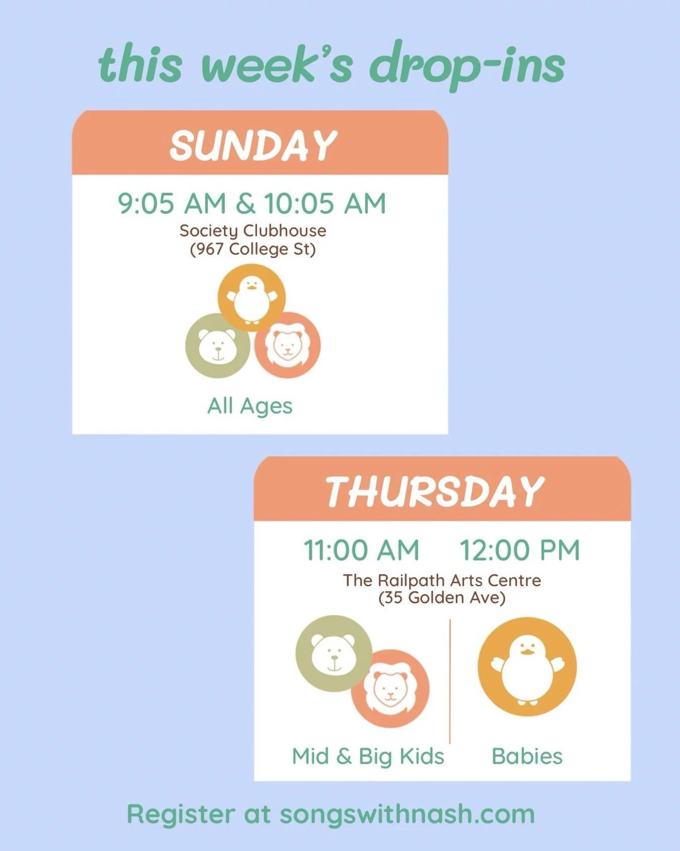 This week&rsquo;s drop-ins! Join me :
&bull; Sunday @ 9:05 or 10:05 am, location 967 College St (@societyclubhouse)
&bull; Thursday @ 11 am or 12 pm, location 35A Golden Ave (@therailpathartscentre)

Register at SongsWithNash.com or by using the link