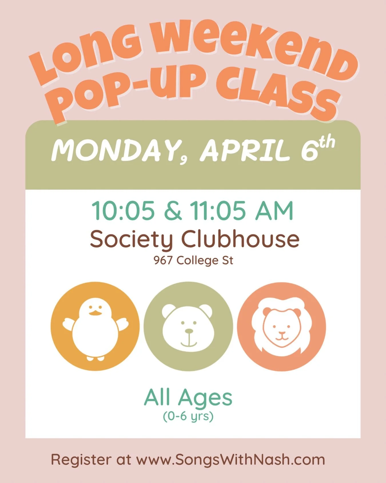 Join me on Easter Monday for a pop-up class!
40 mins of music, movement and stories for you &amp; your little ones.
&bull; Monday, April 6th
&bull; 10:05 or 11:05 am
&bull; 967 College St (@societyclubhouse)
&bull; cost $28.50 per family (up to 2 sib