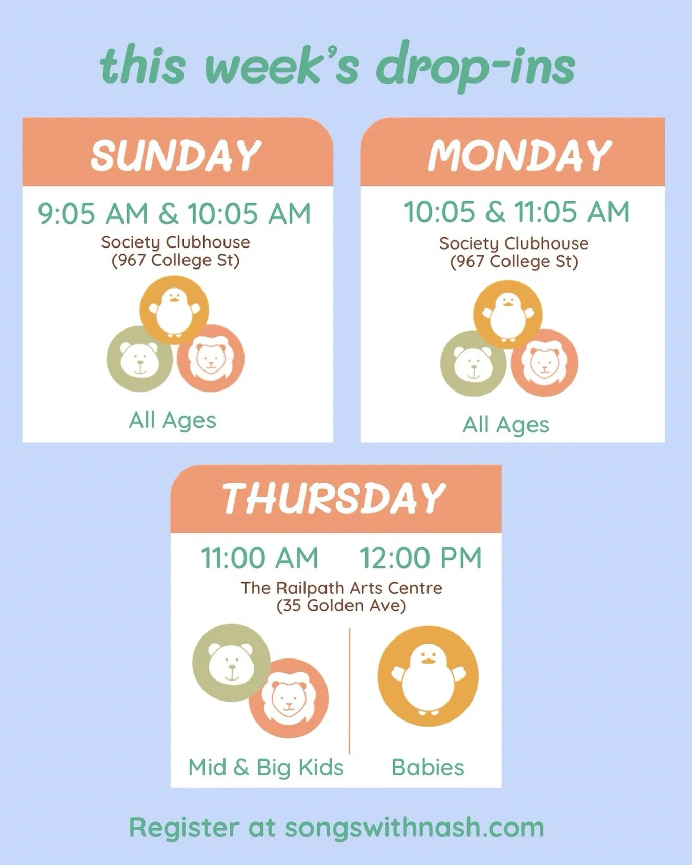 Join me for a drop-in this week!
&bull;Sunday @societyclubhouse: 9:05 &amp; 10:05 for kiddos of all ages 🐥🐻🦁
&bull; Monday @societyclubhouse: 10:05 &amp; 11:05 for kiddos of all ages 🐥🐻🦁
&bull; Thursday @therailpathartscentre: 11:00 for mid &am