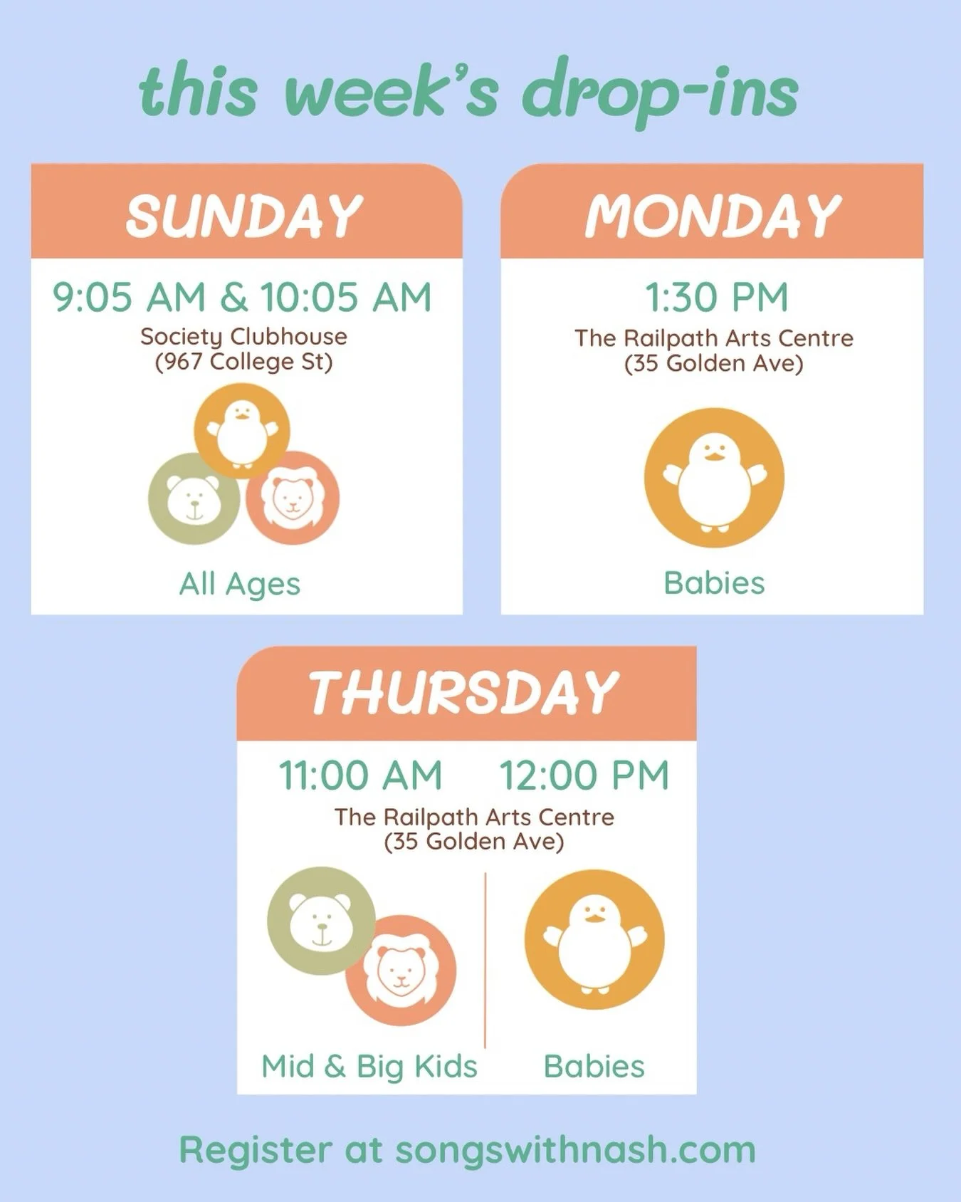 Join me for a drop-in this week!
&bull;Sunday @societyclubhouse: 9:05 &amp; 10:05 for kiddos of all ages 🐥🐻🦁
&bull; Monday @gcncto: 1:30pm for babies (0-14 months🐥)
&bull; Thursday @therailpathartscentre: 11:00 for mid &amp; big kids (1 yr &amp; 