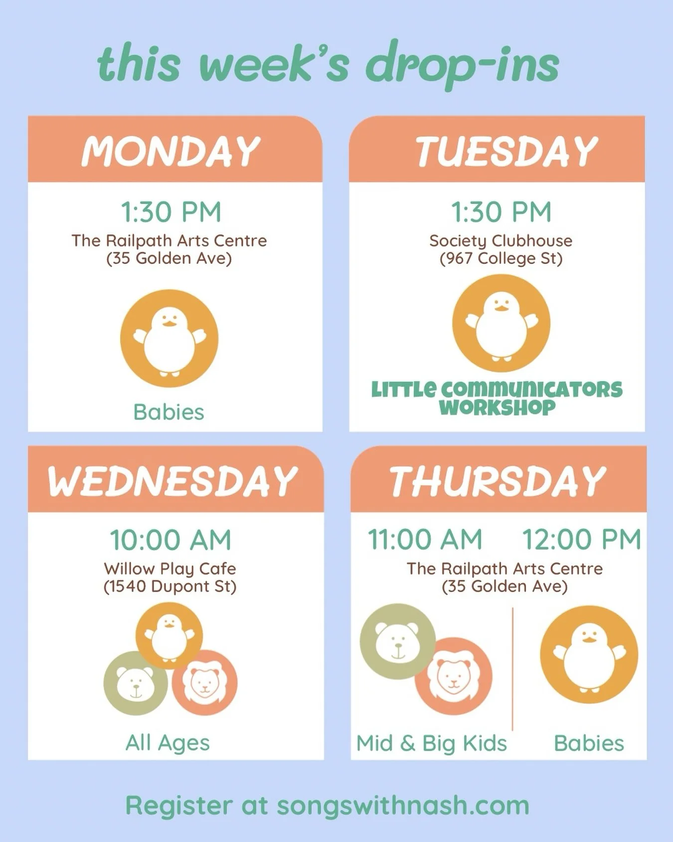 This week&rsquo;s drop-ins and pop-up classes!
&bull; Monday @ 1:30, baby circle time @gcncto 
&bull; Tuesday @ 1:30, Little Communicators workshop with @singplaysaygta
&bull; Wednesday @ 10 am, all ages circle time @thewillowplaycafe 
&bull; Thursda