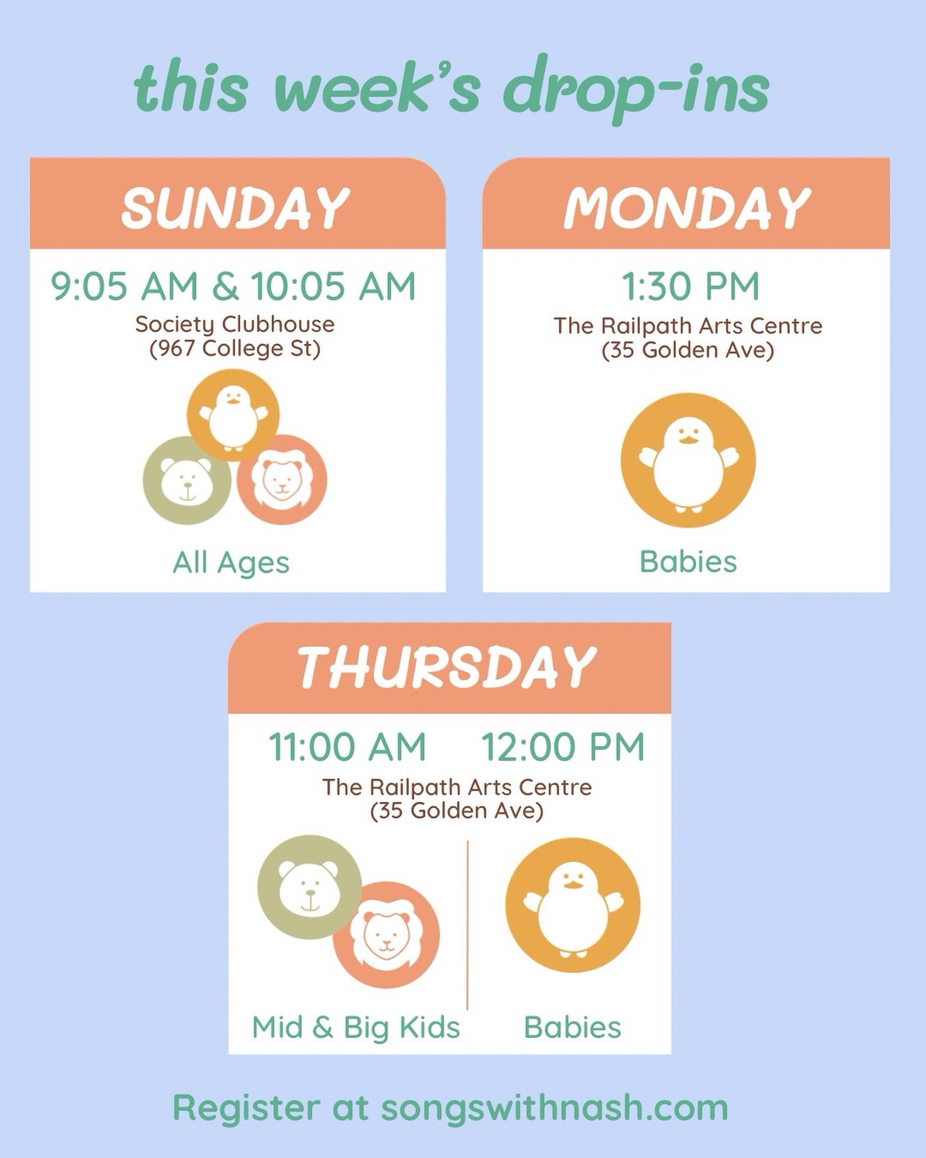 This week&rsquo;s drop-ins!
Join me on Sunday, Monday or Thursday.
Visit SongsWithNash.com to register :)