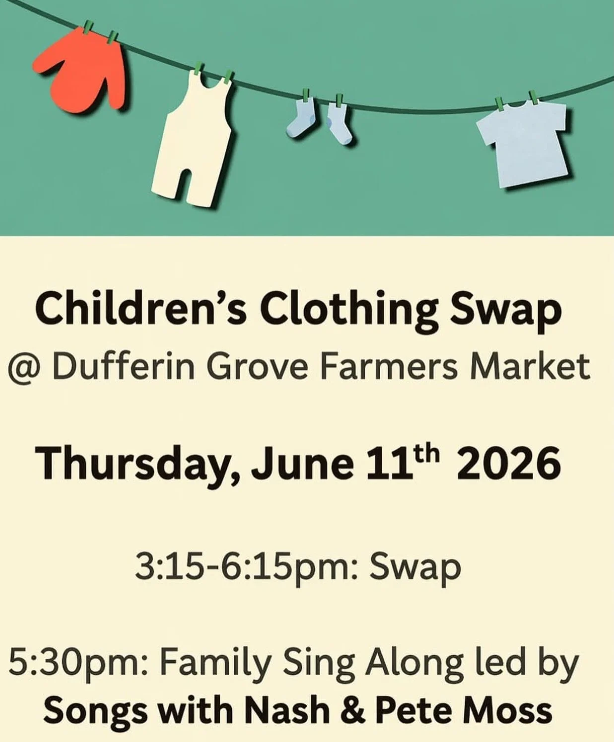 Free children&rsquo;s clothing swap, coming at ya on Thursday, June 11th @ the Dufferin Grove Farmer&rsquo;s Market in Dufferin Grove Park
 👕🔄 🥕🌳🎶
Plus, a family sing-along led by @songswithnash &amp; @pete.moss.music at 5:30 pm.

Join us for #s