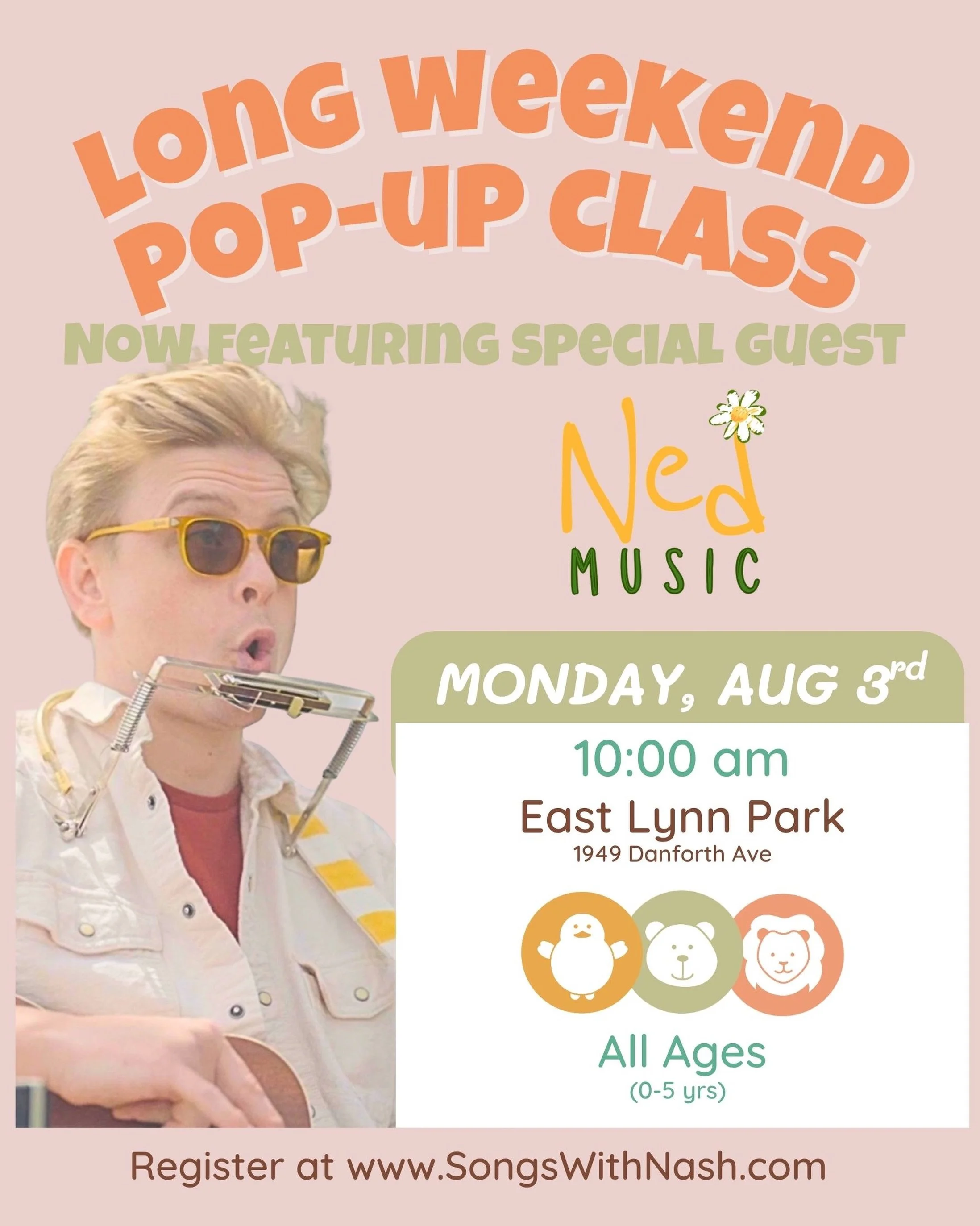 Monday&rsquo;s pop-up class just got even better! Now featuring my friend &amp; special guest @nedgordonmusic 🎶
&bull; Monday, Aug 3rd
&bull; 10 am
&bull; East Lynn Park
&bull; $28.50 per family 
&bull; Spots are filling up, and we don&rsquo;t want 