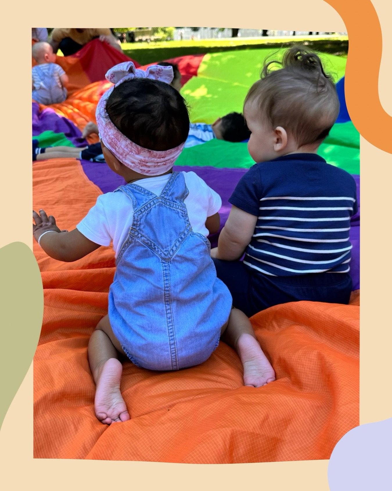 Parachute play = the most fun &amp; educational! 

Allow me to explain how:
🌈 social skills: kids move nearer together get to interact up close, observing their friends&rsquo; expressions &amp; behaviour 
🌈 sensory &amp; learning: colours and movem