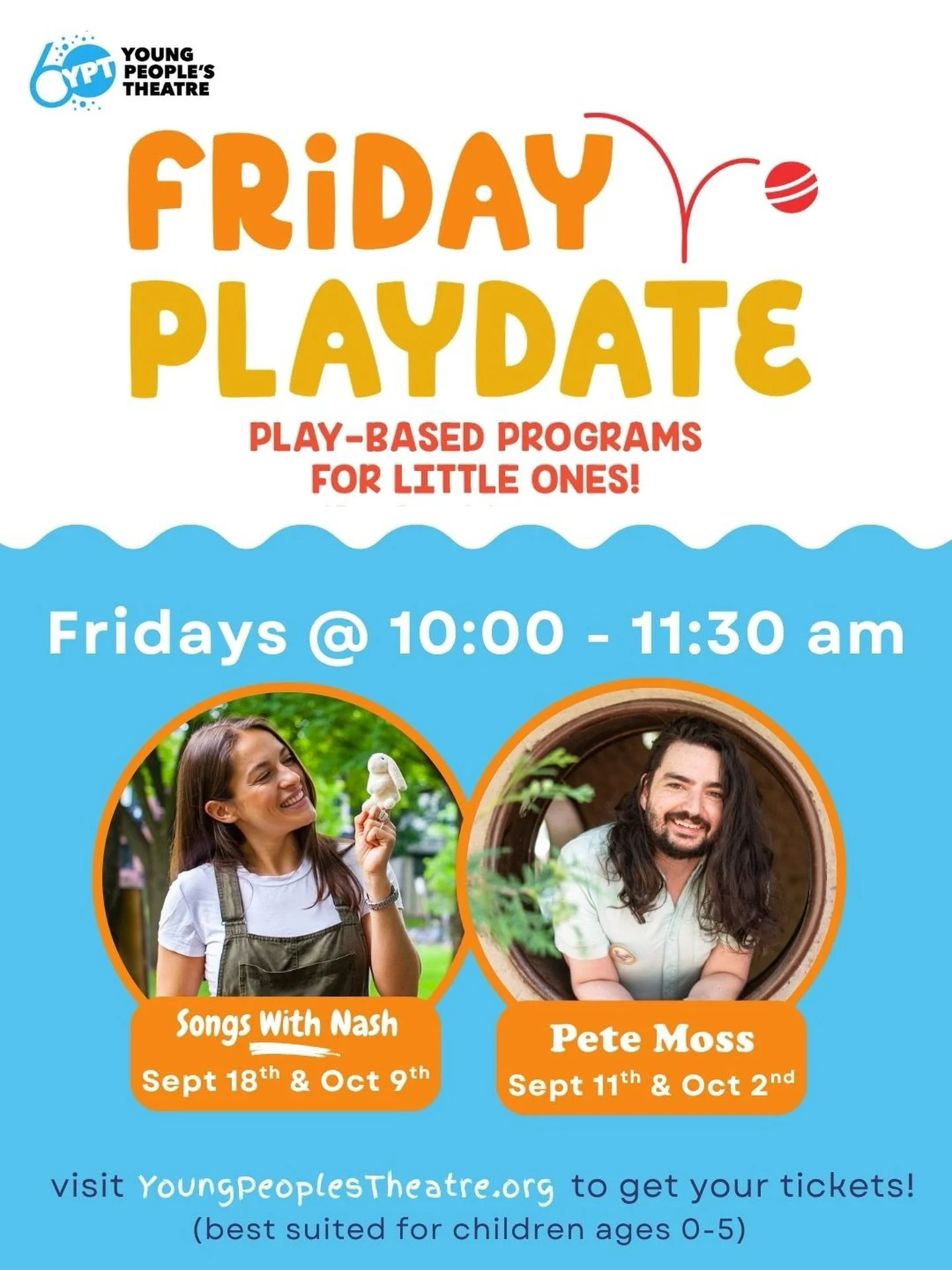Friday Playdates @ypttoronto are back!!
Play, explore and experience a joyful song circle in a comfy space created just for YPT&rsquo;s very youngest audiences. 
Song circles led by @pete.moss.music and @songswithnash, twice per month. 
Join us on: S