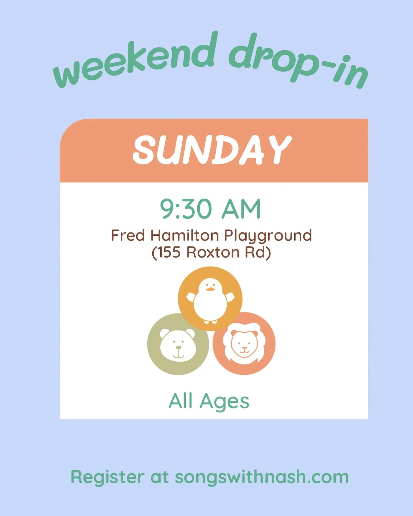 Drop-in tomorrow at Fred Hamilton Park!
Register at SongsWithNash.com or by using the link in my bio.