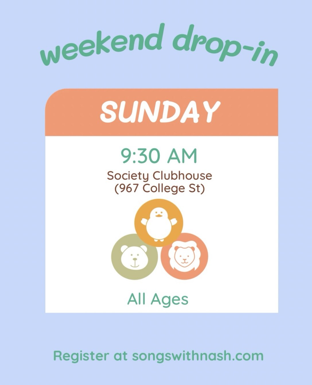 Join me for a Sunday morning drop-in @societyclubhouse - 967 College St! 
Register at SongsWithNash.com
