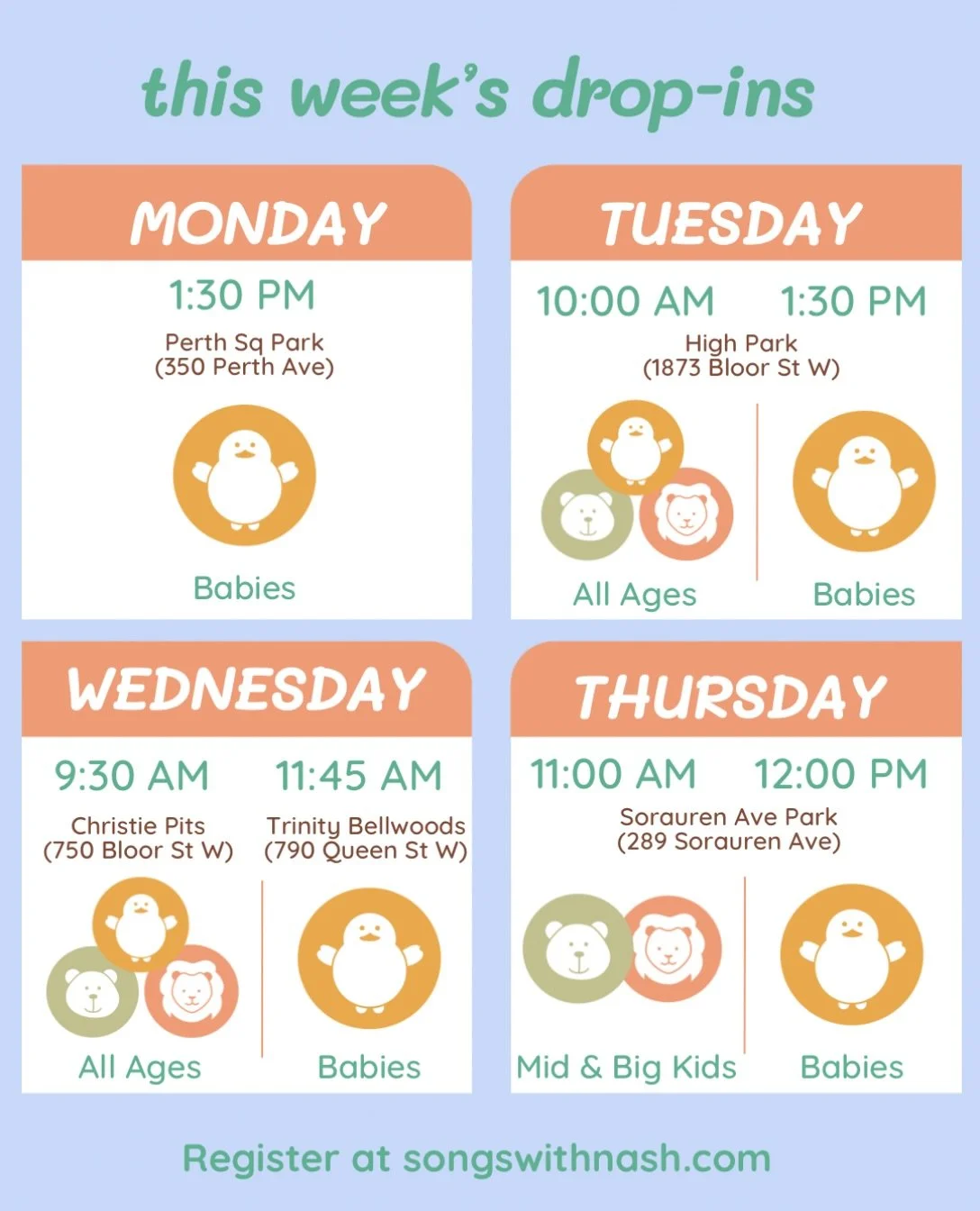 This week&rsquo;s drop-ins! 
Join me in Perth Park, High Park, Christie Pits, Trinity Bellwoods and Sorauren Ave Park 🌳 🎶 ☀️ 

Register at SongsWithNash.com or use the link in my bio 💛