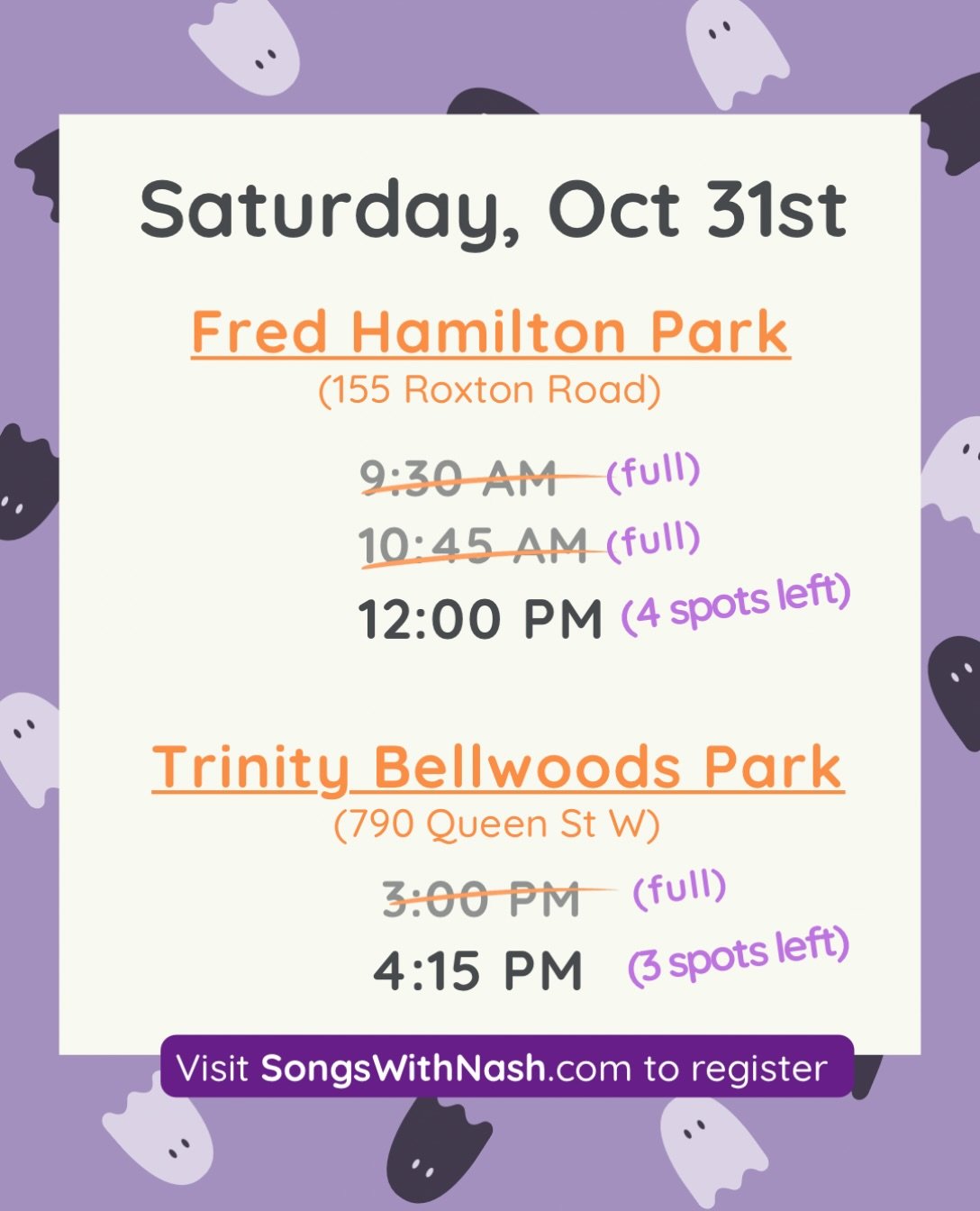 Updated availability and schedule for Saturday&rsquo;s Halloween circle times! This will be my last outdoor pop-up before wrapping up for maternity leave.
🎃👻🎶🌳
7 spots left in total, get em before they&rsquo;re gone. 
Couldn't secure a spot in yo