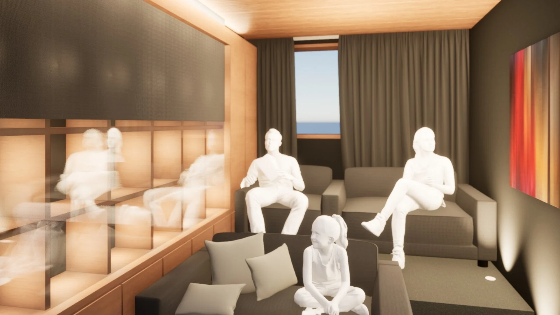 Living room with three white semi-transparent figures sitting and standing, viewed with a motion blur effect, and a child sitting on a couch in the foreground.