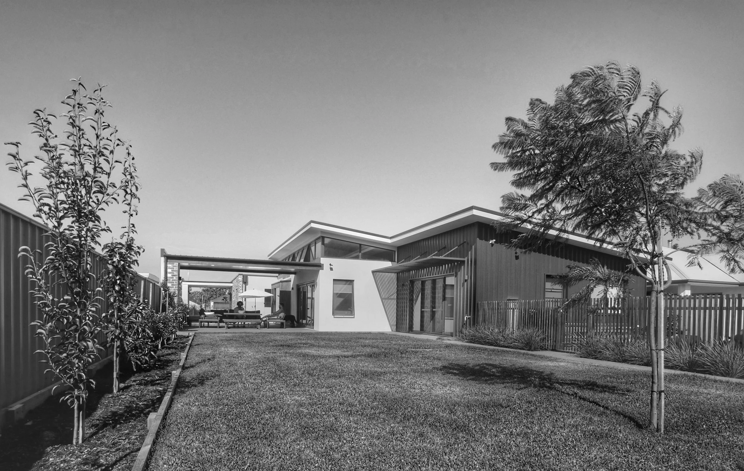 Modern house with a backyard, trees, and a lawn, black and white photo.