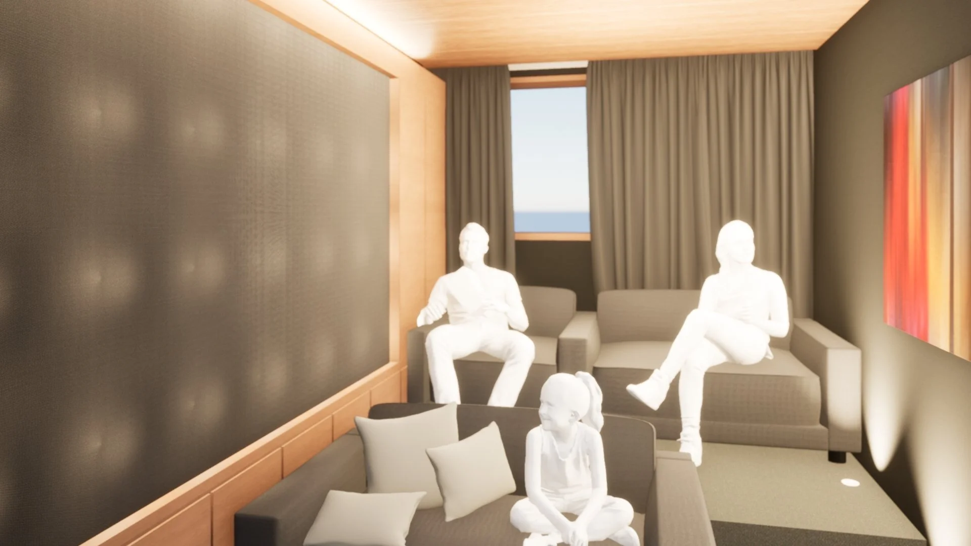 Living room with four white mannequins, a sofa, a couch, and a window with curtains.